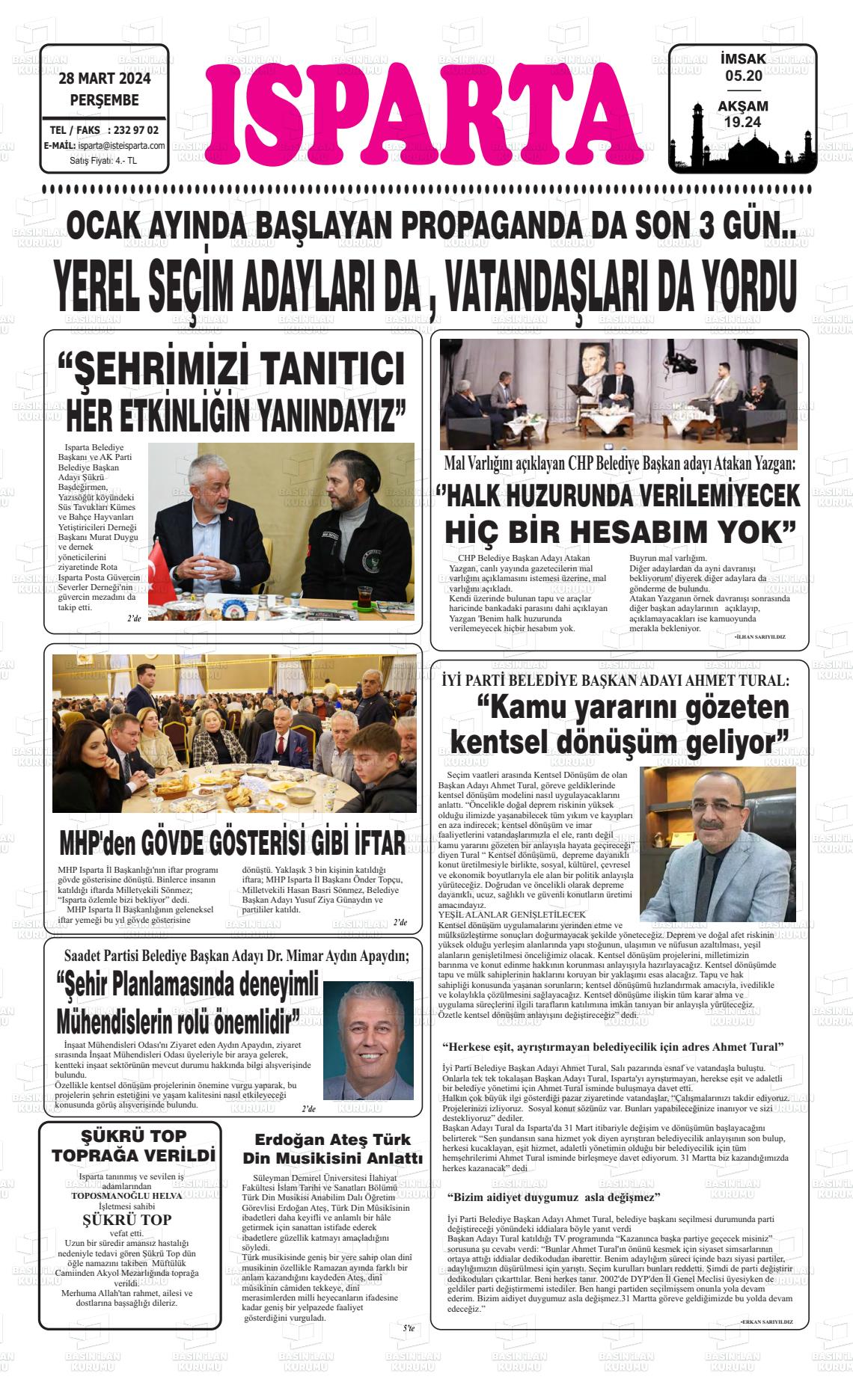 28 Mart 2024 Isparta Gazete Manşeti