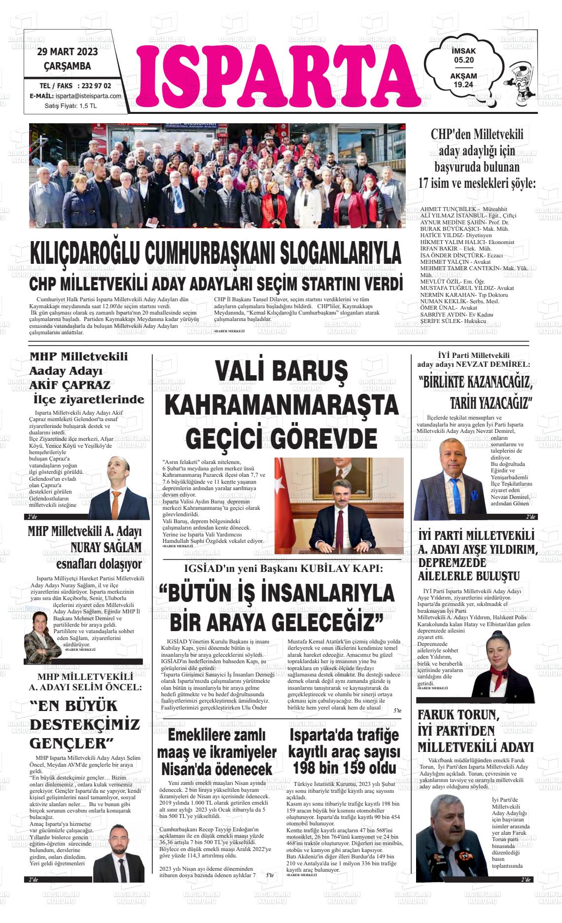 29 Mart 2023 Isparta Gazete Manşeti