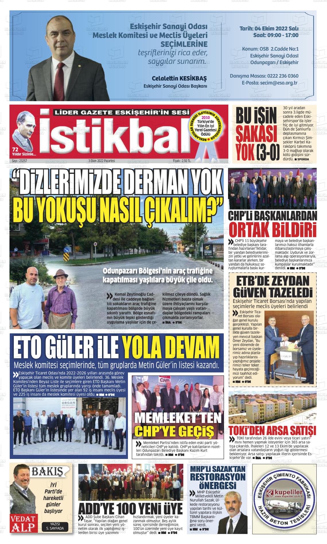03 Ekim 2022 İstikbal Gazete Manşeti