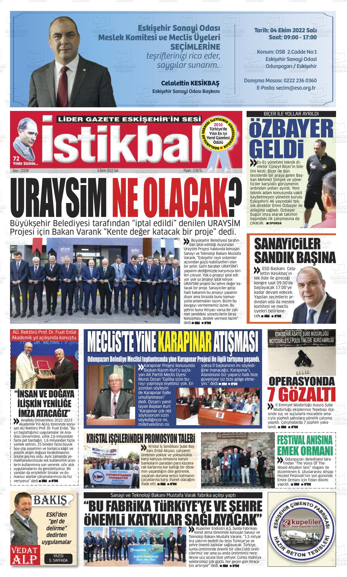 04 Ekim 2022 İstikbal Gazete Manşeti