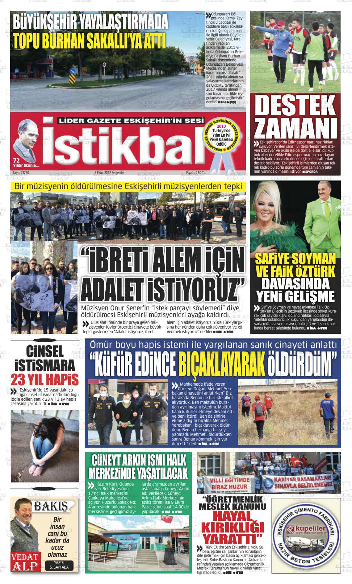 06 Ekim 2022 İstikbal Gazete Manşeti
