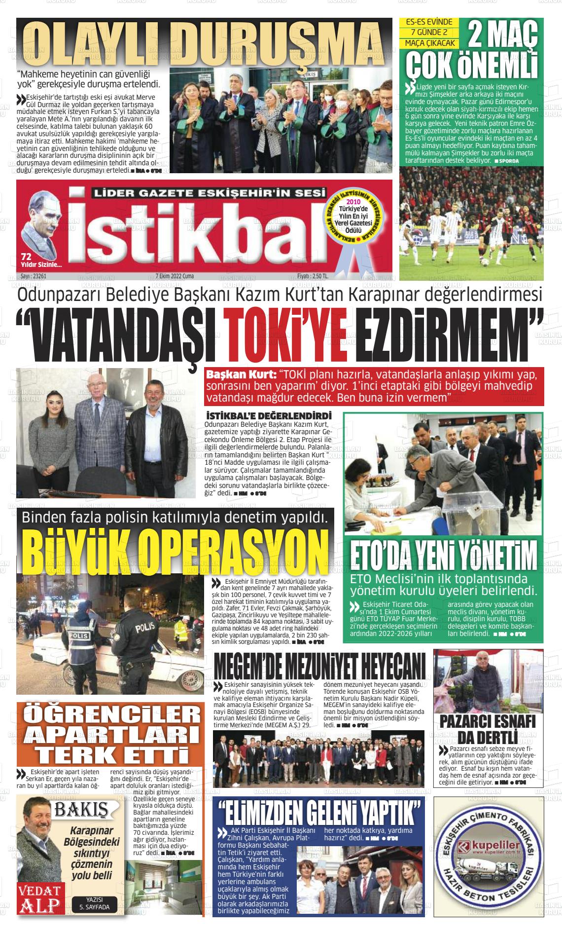 07 Ekim 2022 İstikbal Gazete Manşeti