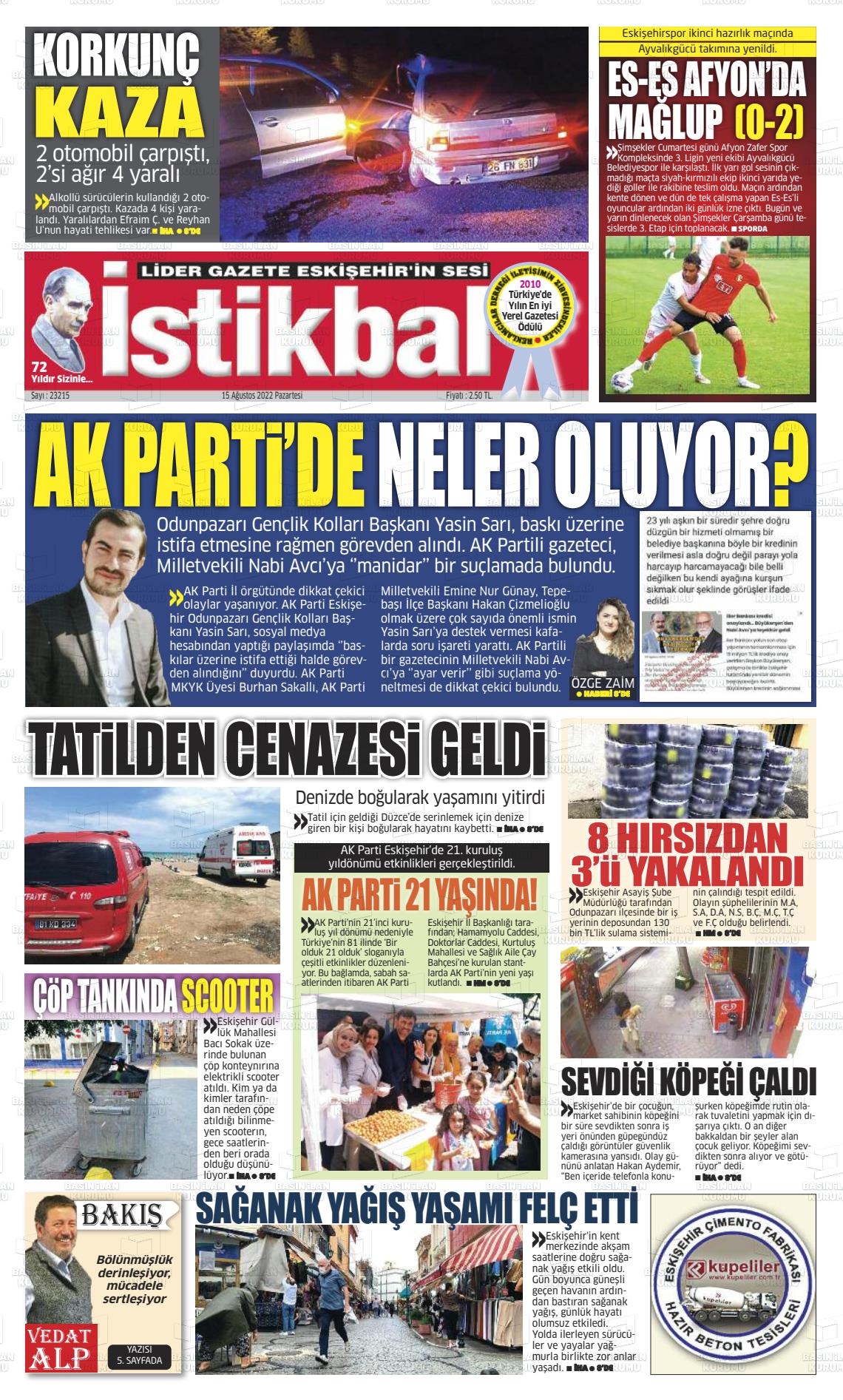 15 Ağustos 2022 İstikbal Gazete Manşeti