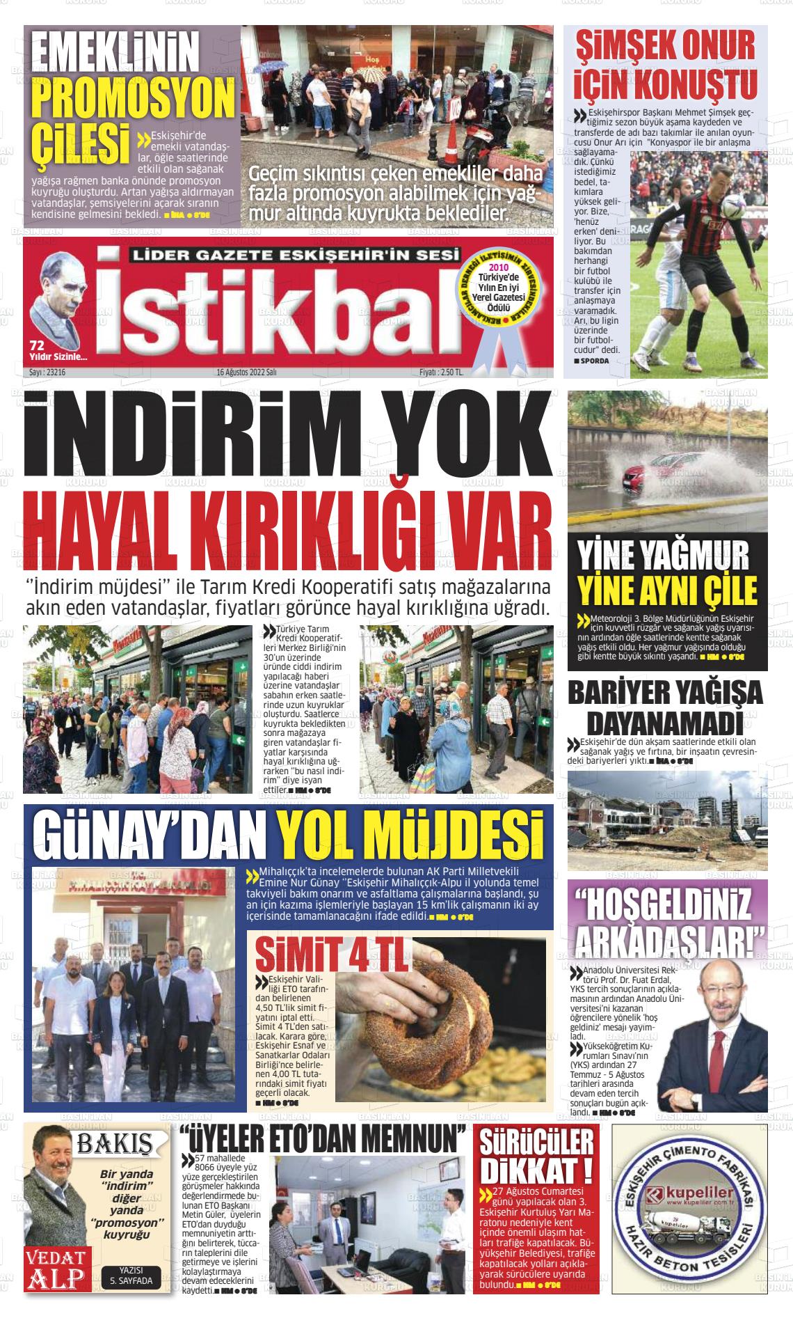 16 Ağustos 2022 İstikbal Gazete Manşeti
