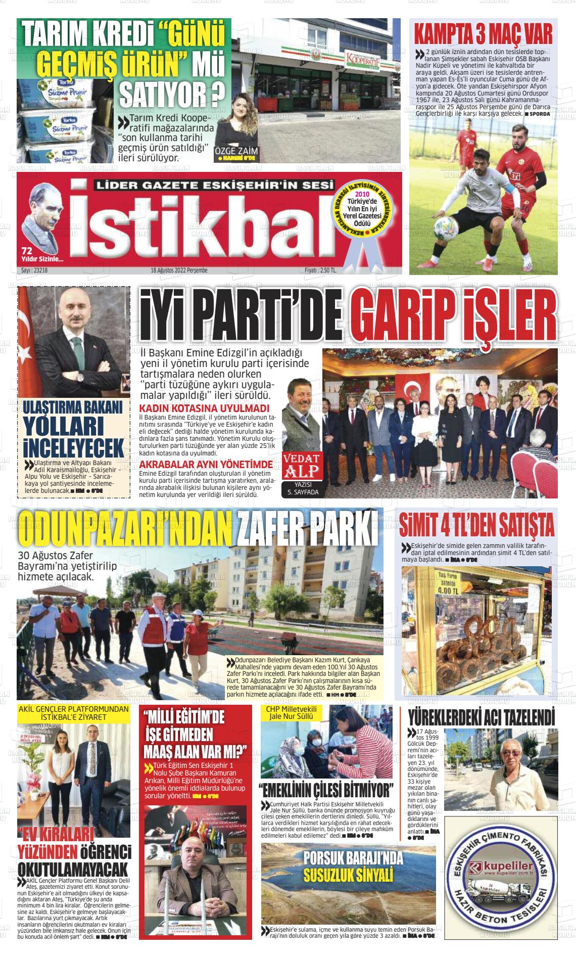 18 Ağustos 2022 İstikbal Gazete Manşeti
