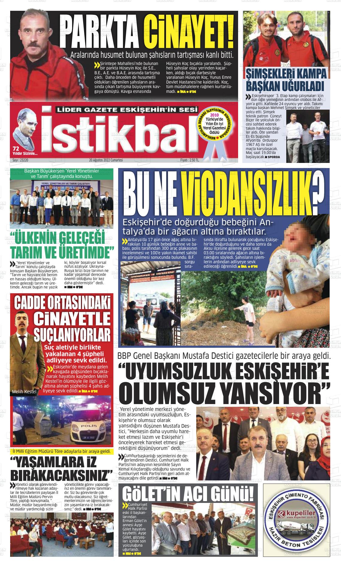 20 Ağustos 2022 İstikbal Gazete Manşeti