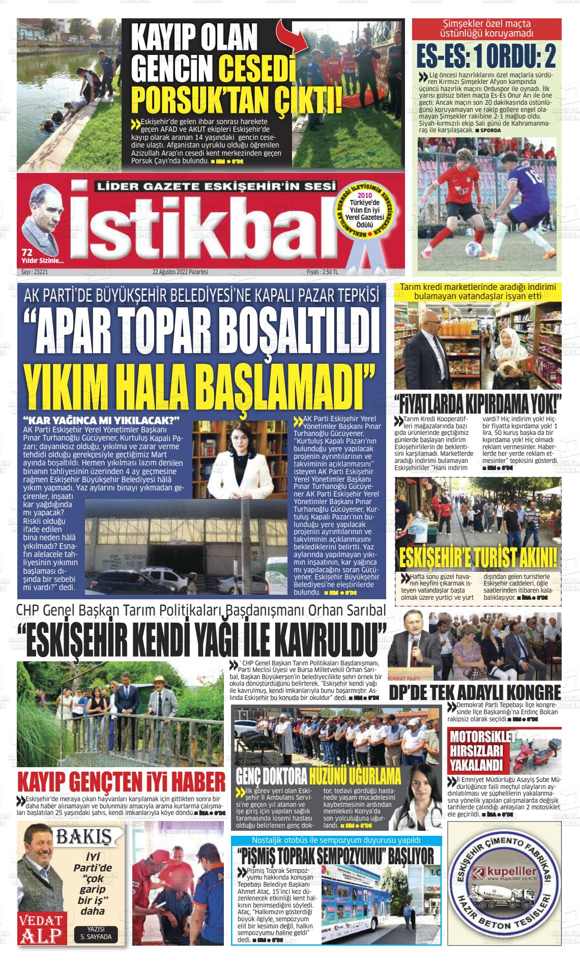 22 Ağustos 2022 İstikbal Gazete Manşeti