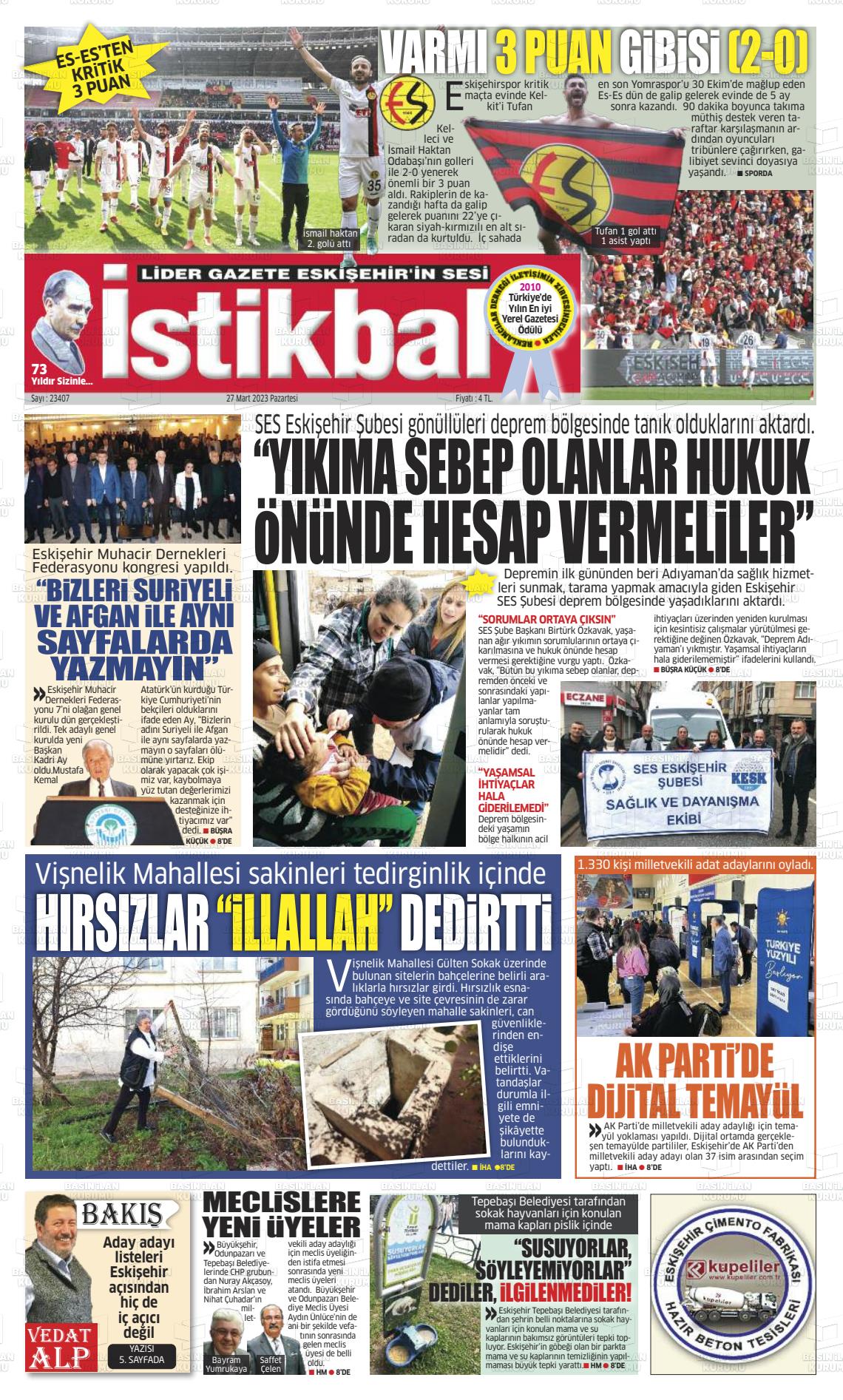 27 Mart 2023 İstikbal Gazete Manşeti