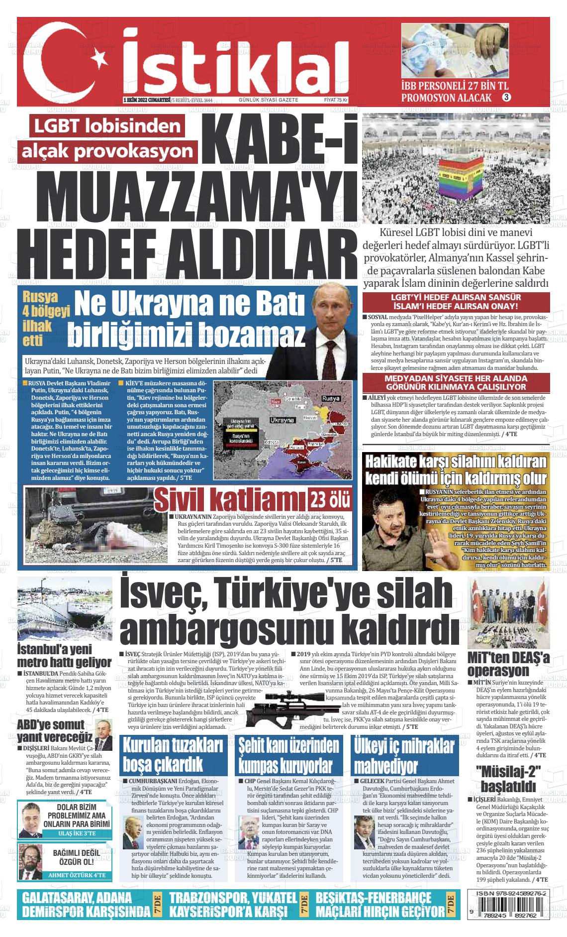 01 Ekim 2022 İstiklal  Fatih Gazete Manşeti