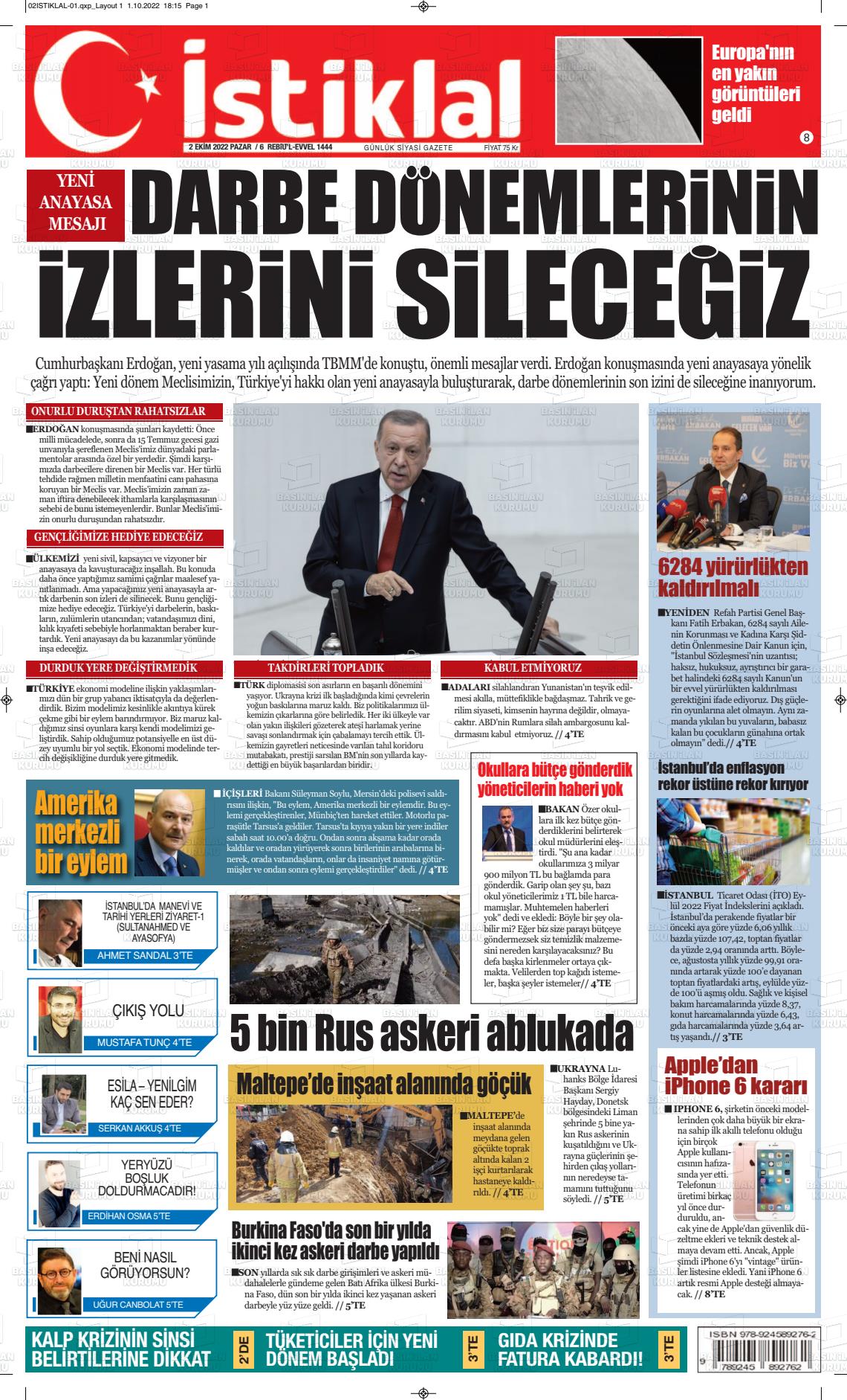 02 Ekim 2022 İstiklal  Fatih Gazete Manşeti