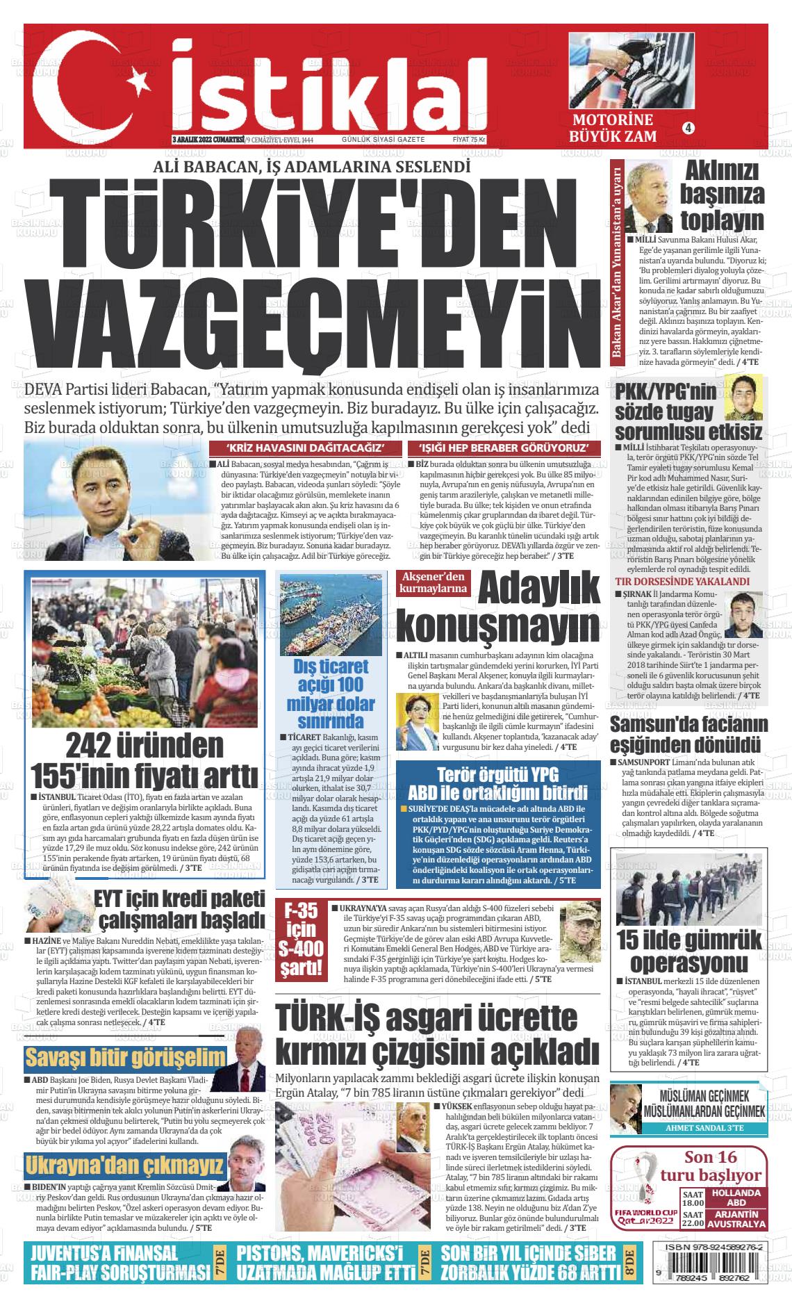 03 Aralık 2022 İstiklal  Fatih Gazete Manşeti
