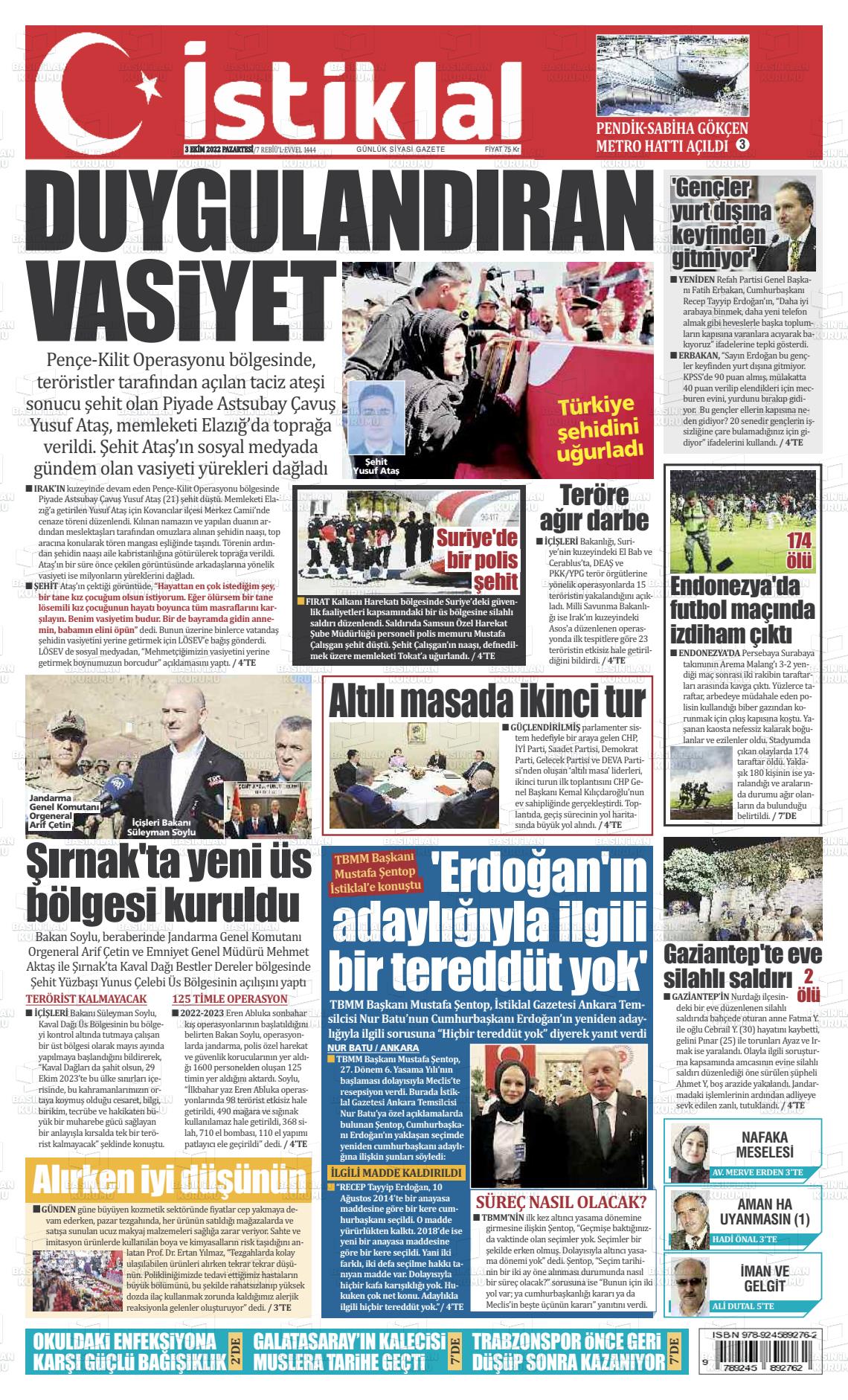 03 Ekim 2022 İstiklal  Fatih Gazete Manşeti