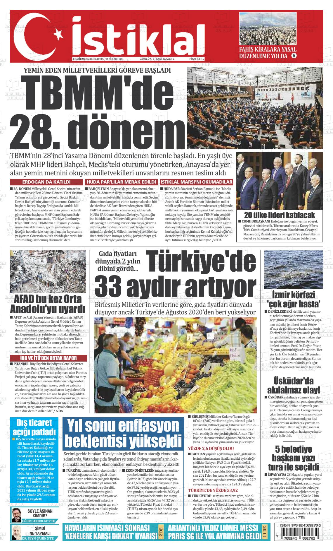 03 Haziran 2023 İstiklal  Fatih Gazete Manşeti