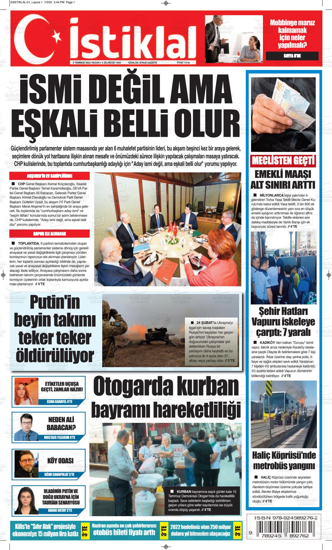 03 Temmuz 2022 İstiklal  Fatih Gazete Manşeti