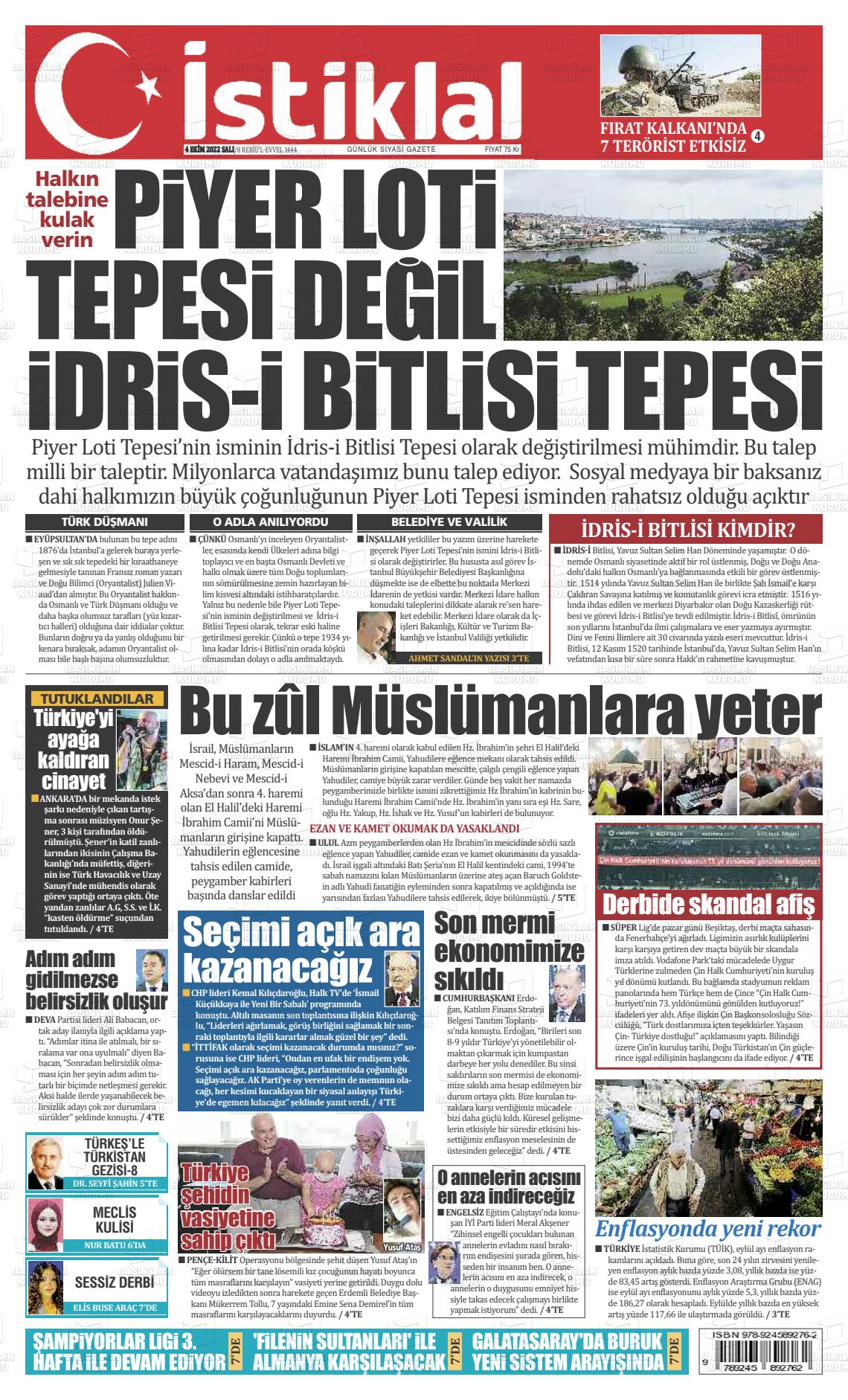 04 Ekim 2022 İstiklal  Fatih Gazete Manşeti