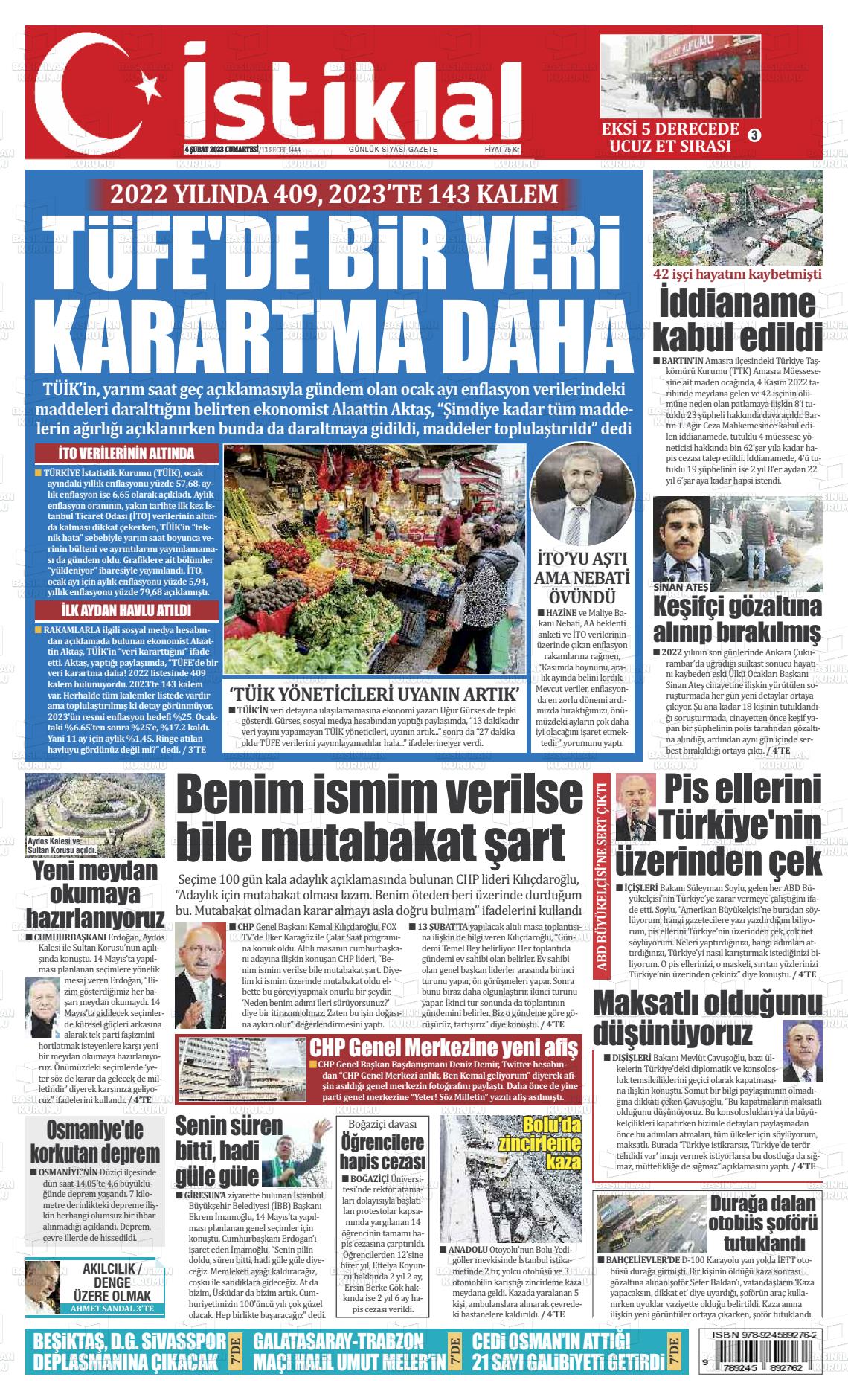 04 Şubat 2023 İstiklal  Fatih Gazete Manşeti