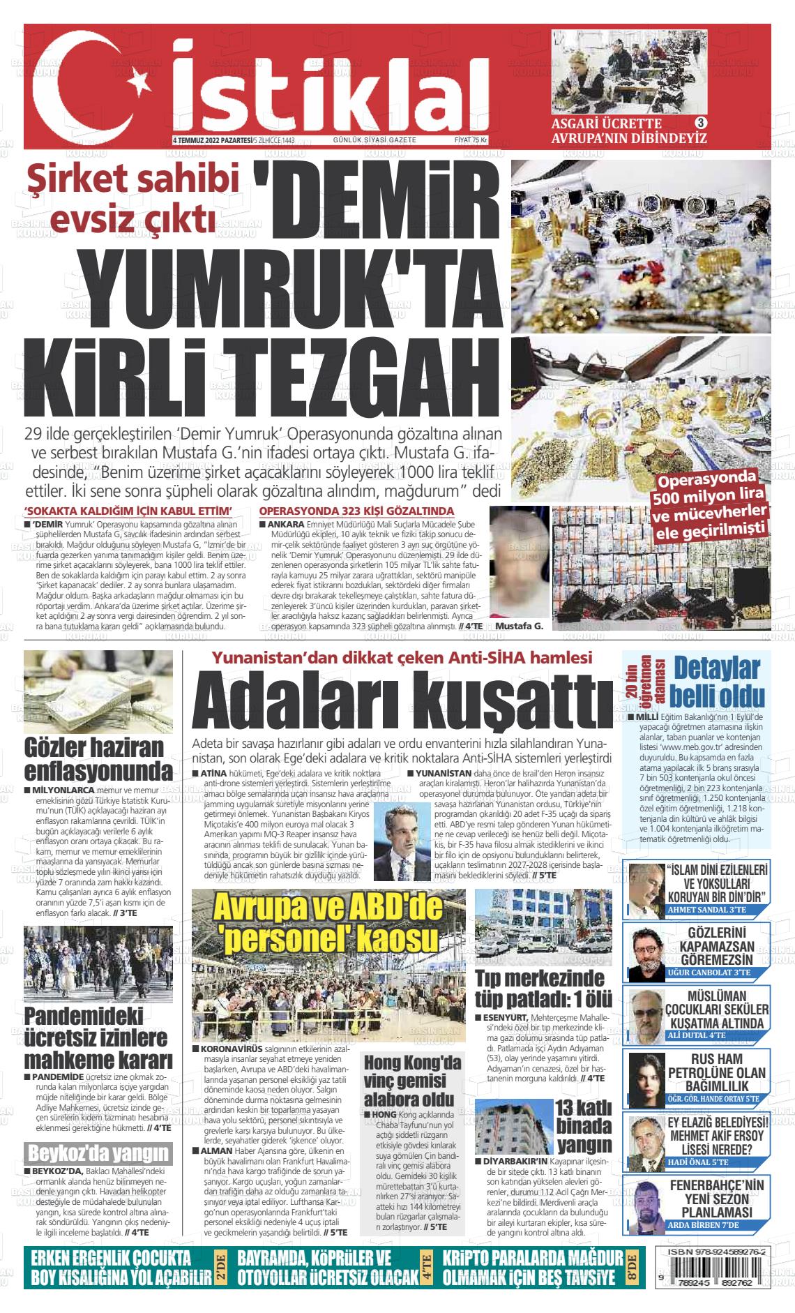 04 Temmuz 2022 İstiklal  Fatih Gazete Manşeti