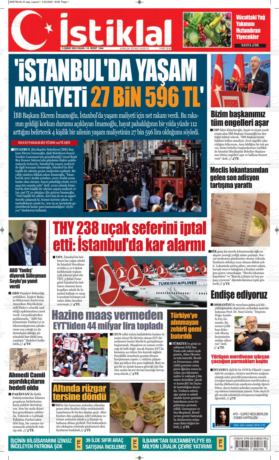 05 Şubat 2023 İstiklal  Fatih Gazete Manşeti