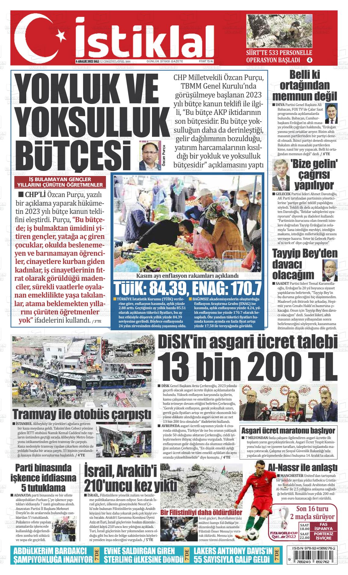 06 Aralık 2022 İstiklal  Fatih Gazete Manşeti