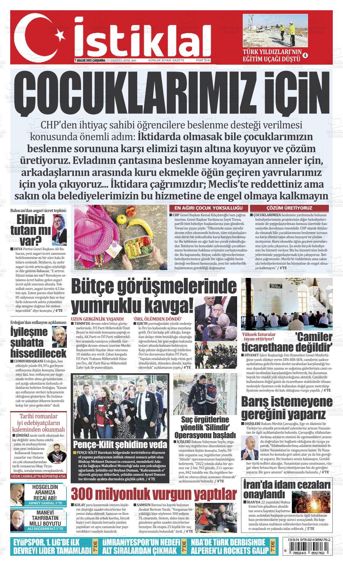 07 Aralık 2022 İstiklal  Fatih Gazete Manşeti