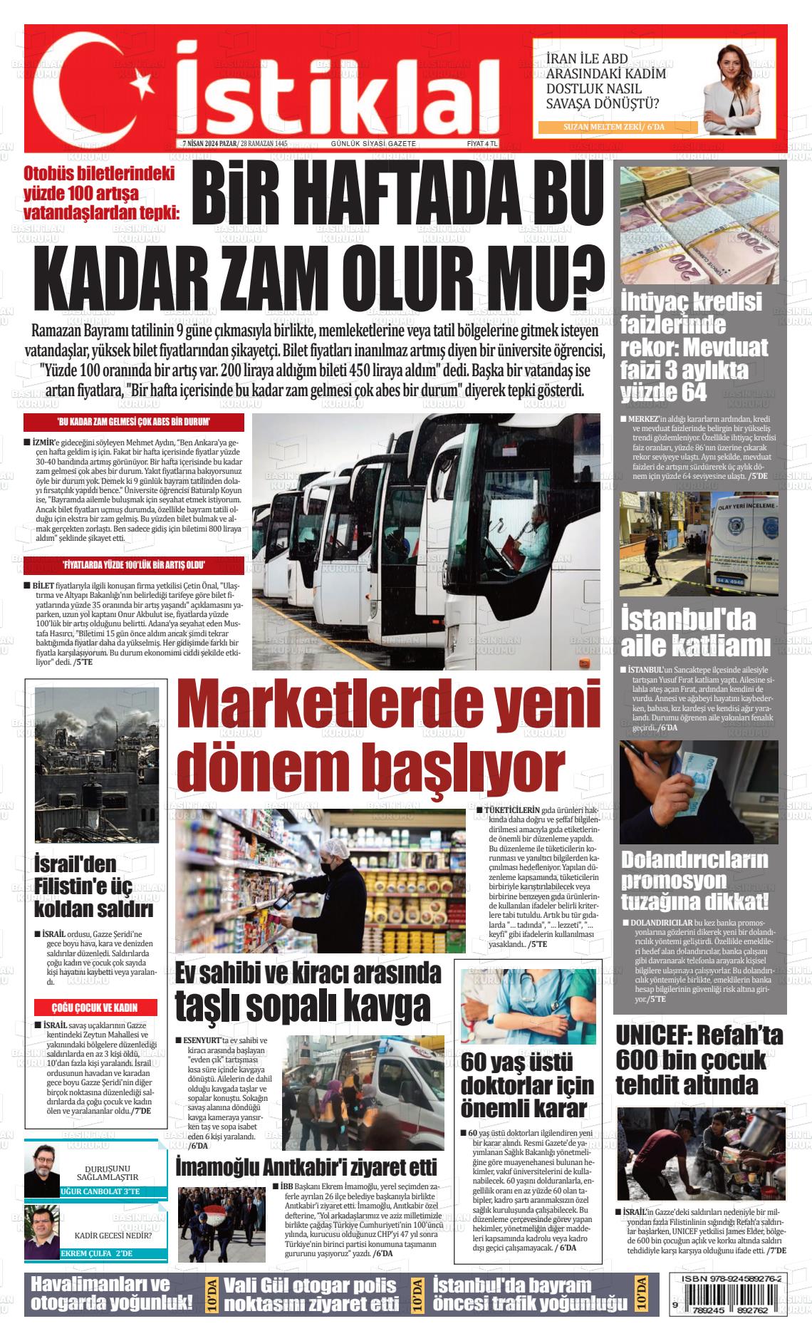 07 Nisan 2024 İstiklal  Fatih Gazete Manşeti