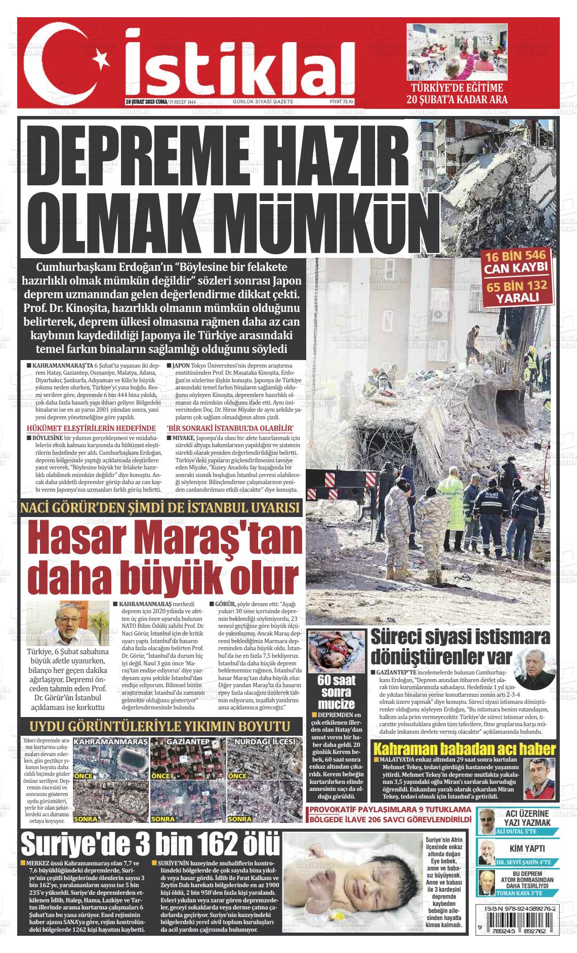 10 Şubat 2023 İstiklal  Fatih Gazete Manşeti