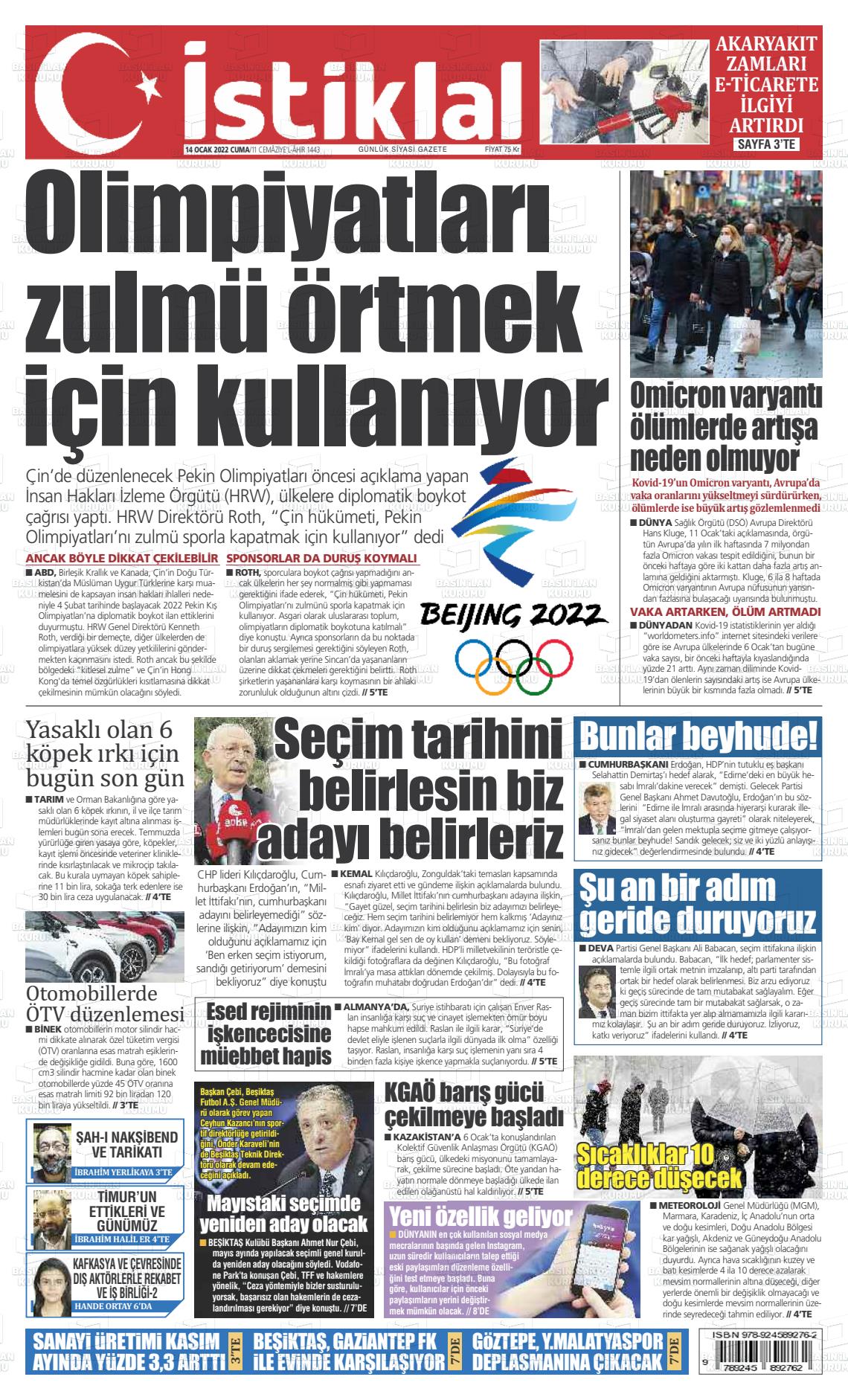 14 Ocak 2022 İstiklal  Fatih Gazete Manşeti