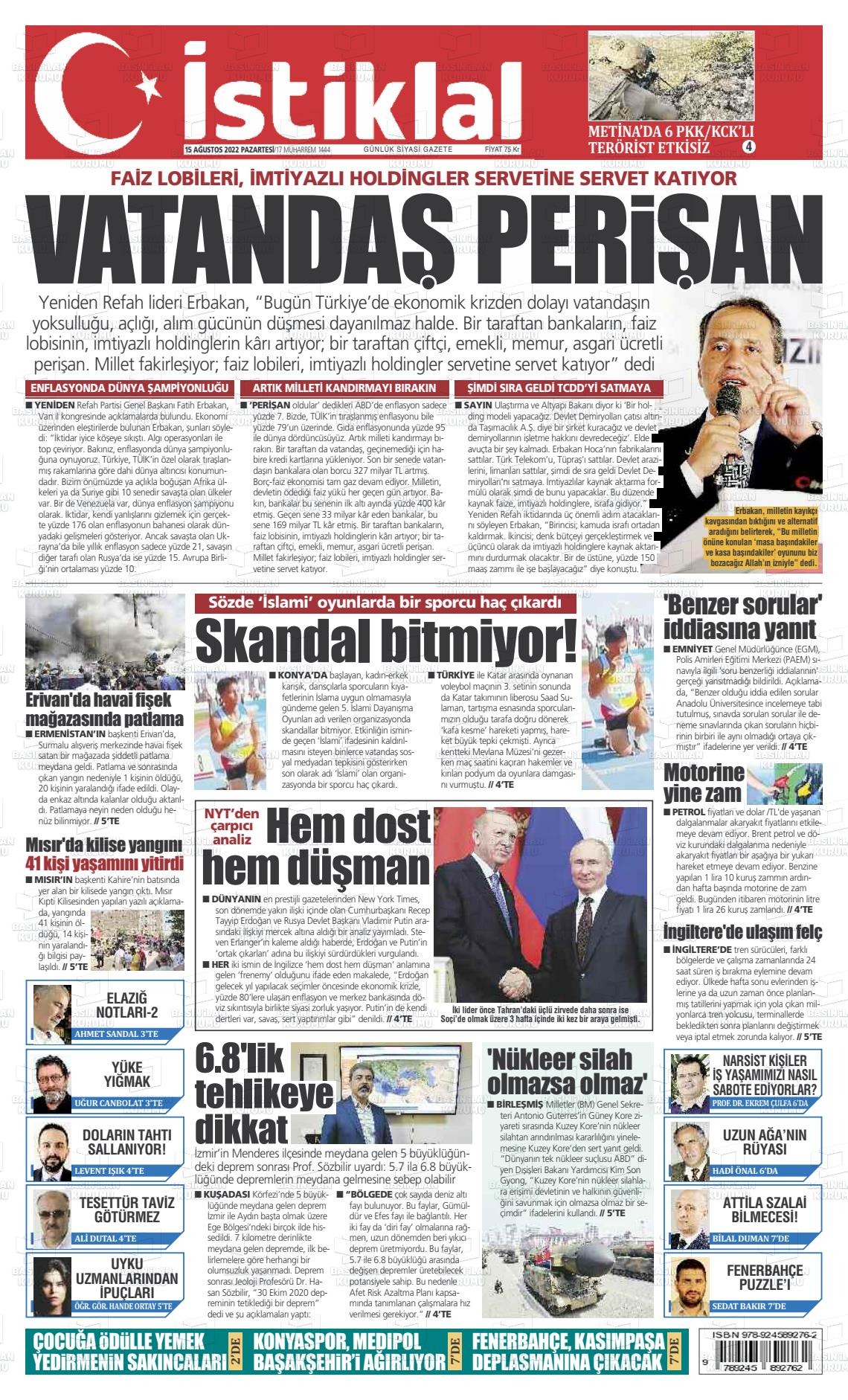 15 Ağustos 2022 İstiklal  Fatih Gazete Manşeti