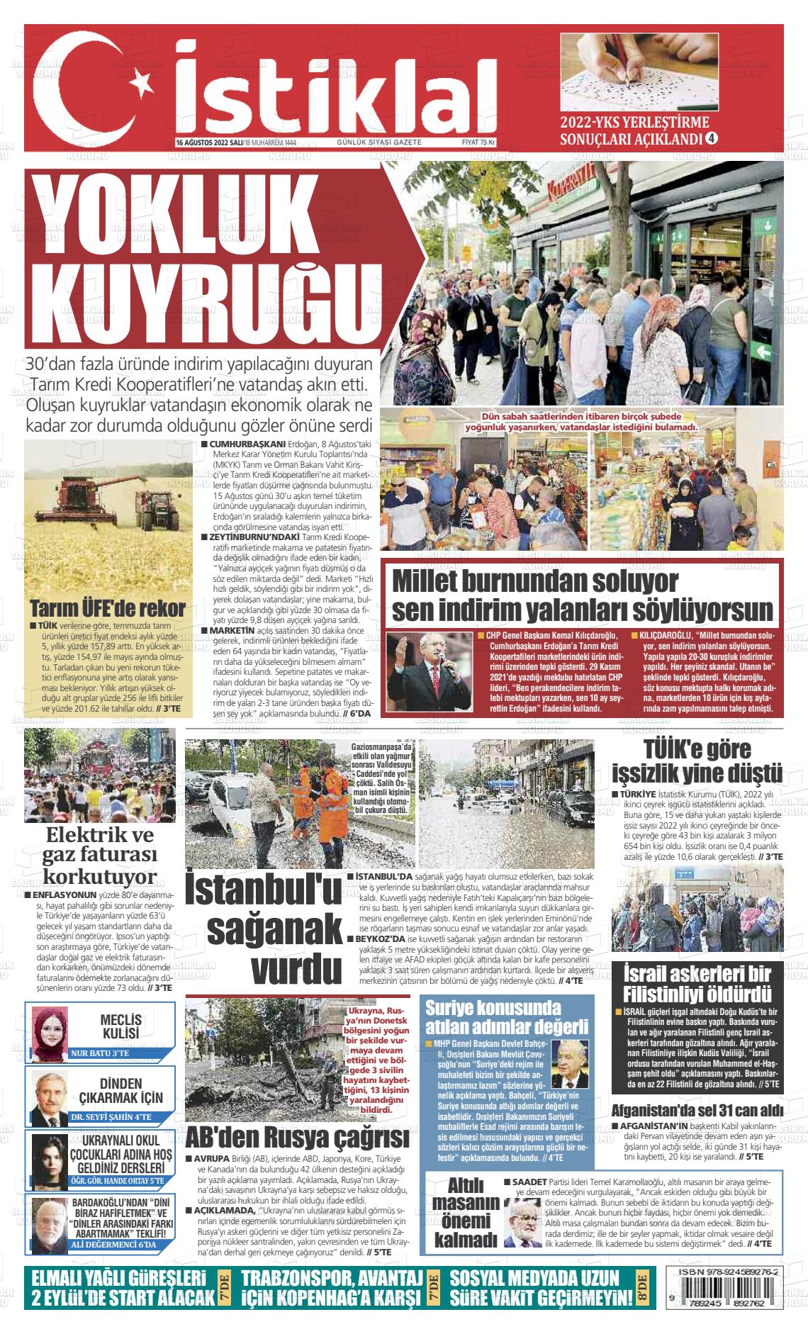 16 Ağustos 2022 İstiklal  Fatih Gazete Manşeti