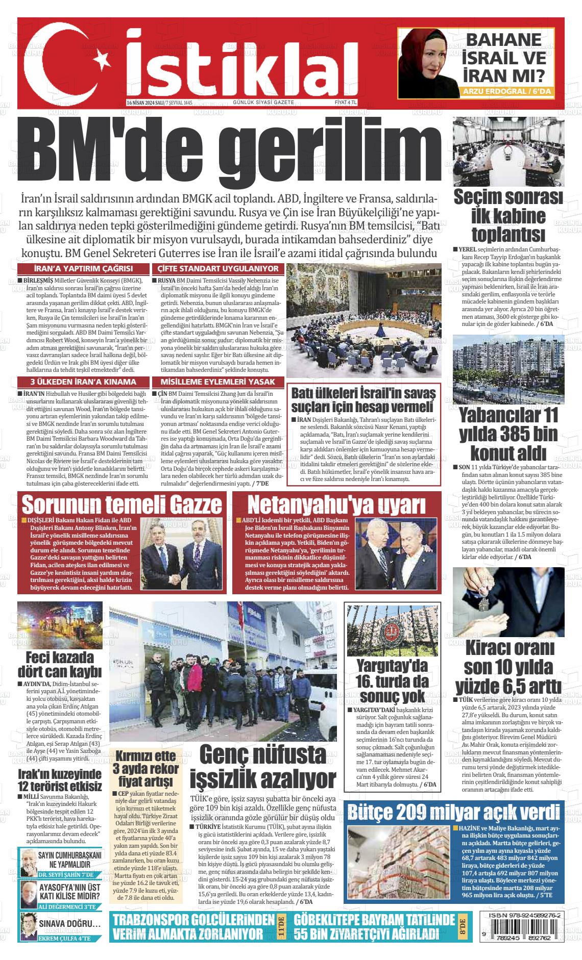 16 Nisan 2024 İstiklal  Fatih Gazete Manşeti