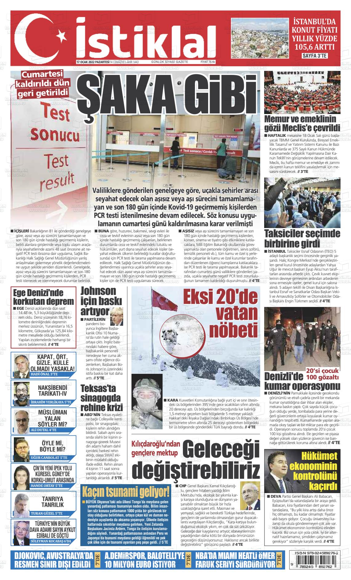 17 Ocak 2022 İstiklal  Fatih Gazete Manşeti
