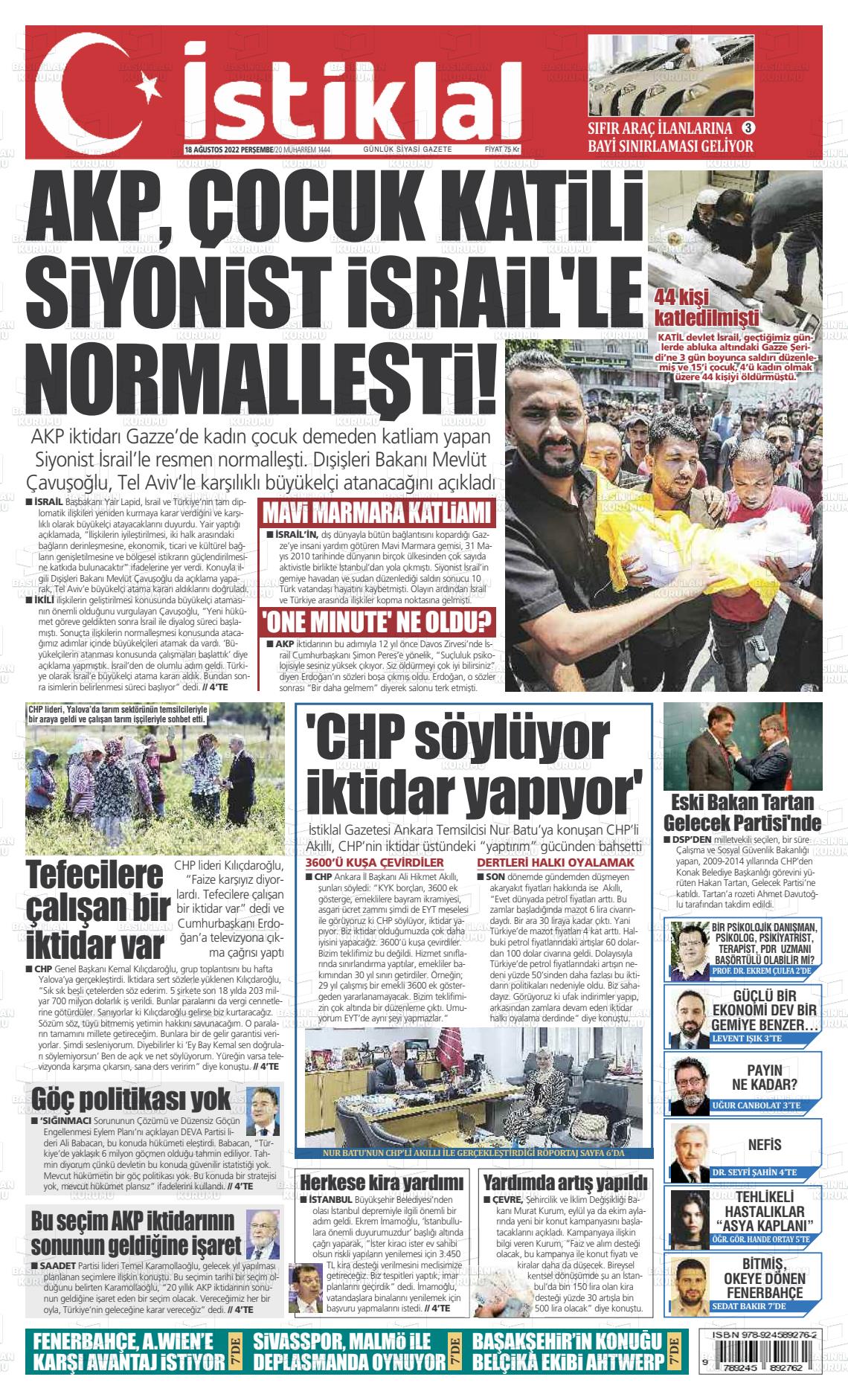 18 Ağustos 2022 İstiklal  Fatih Gazete Manşeti