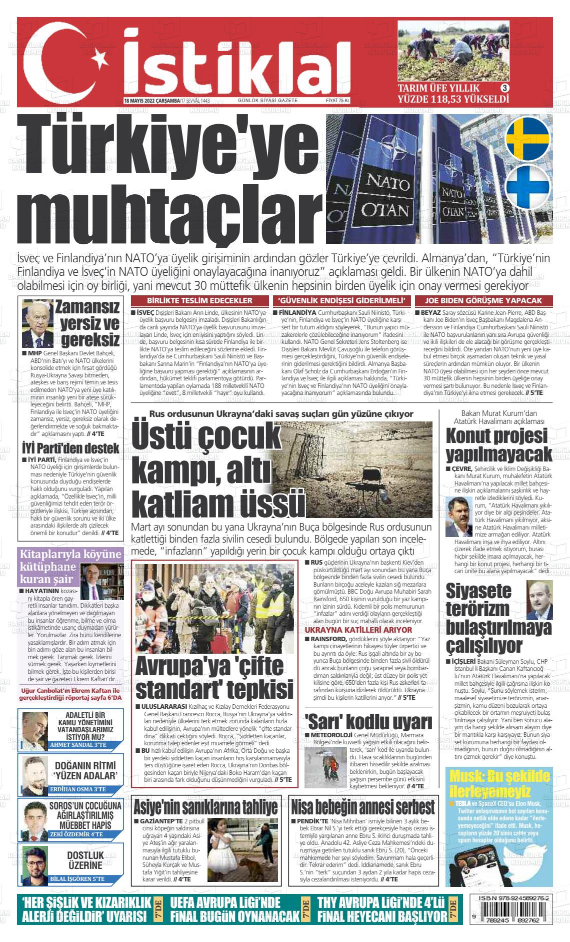 18 Mayıs 2022 İstiklal  Fatih Gazete Manşeti