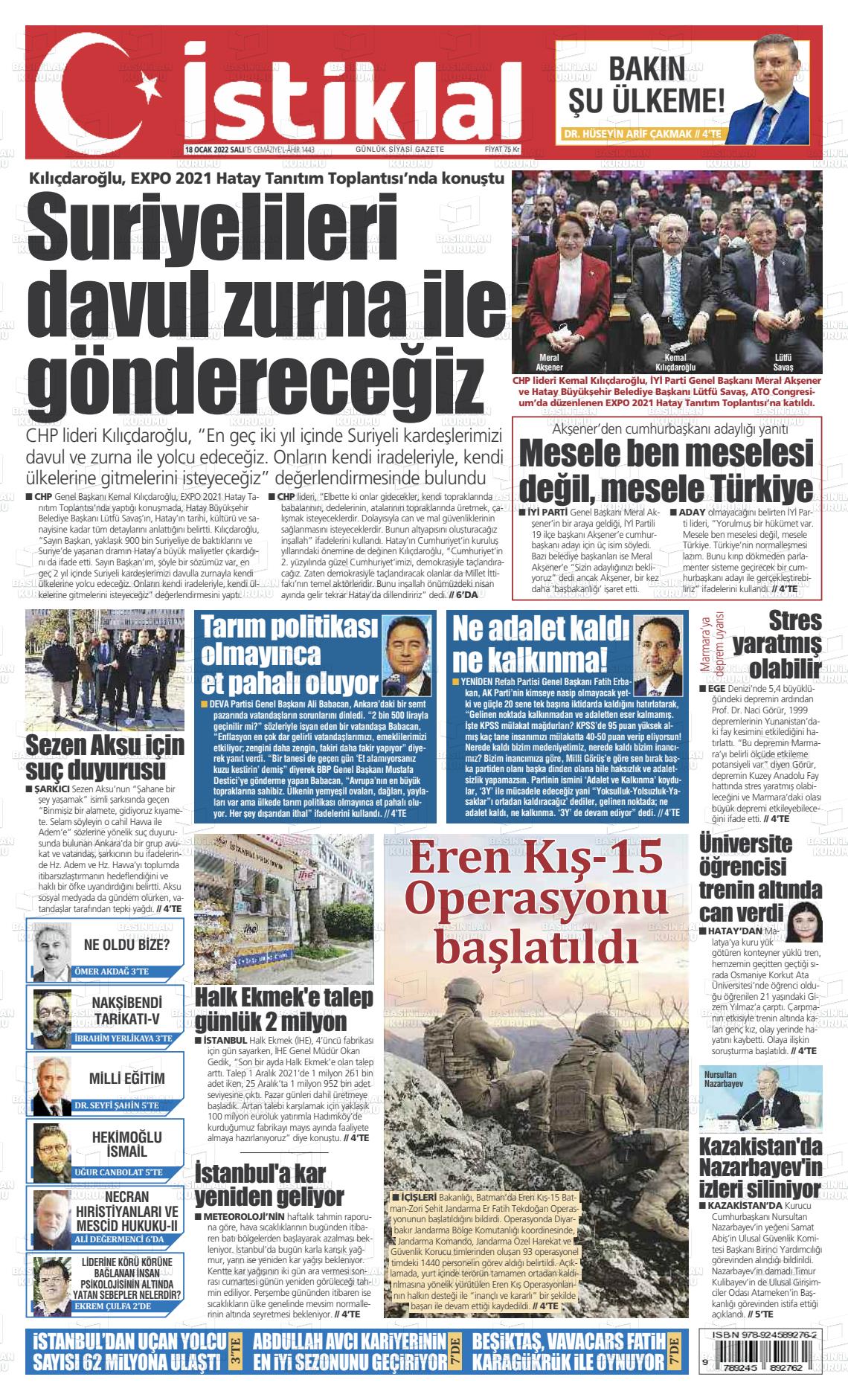 18 Ocak 2022 İstiklal  Fatih Gazete Manşeti