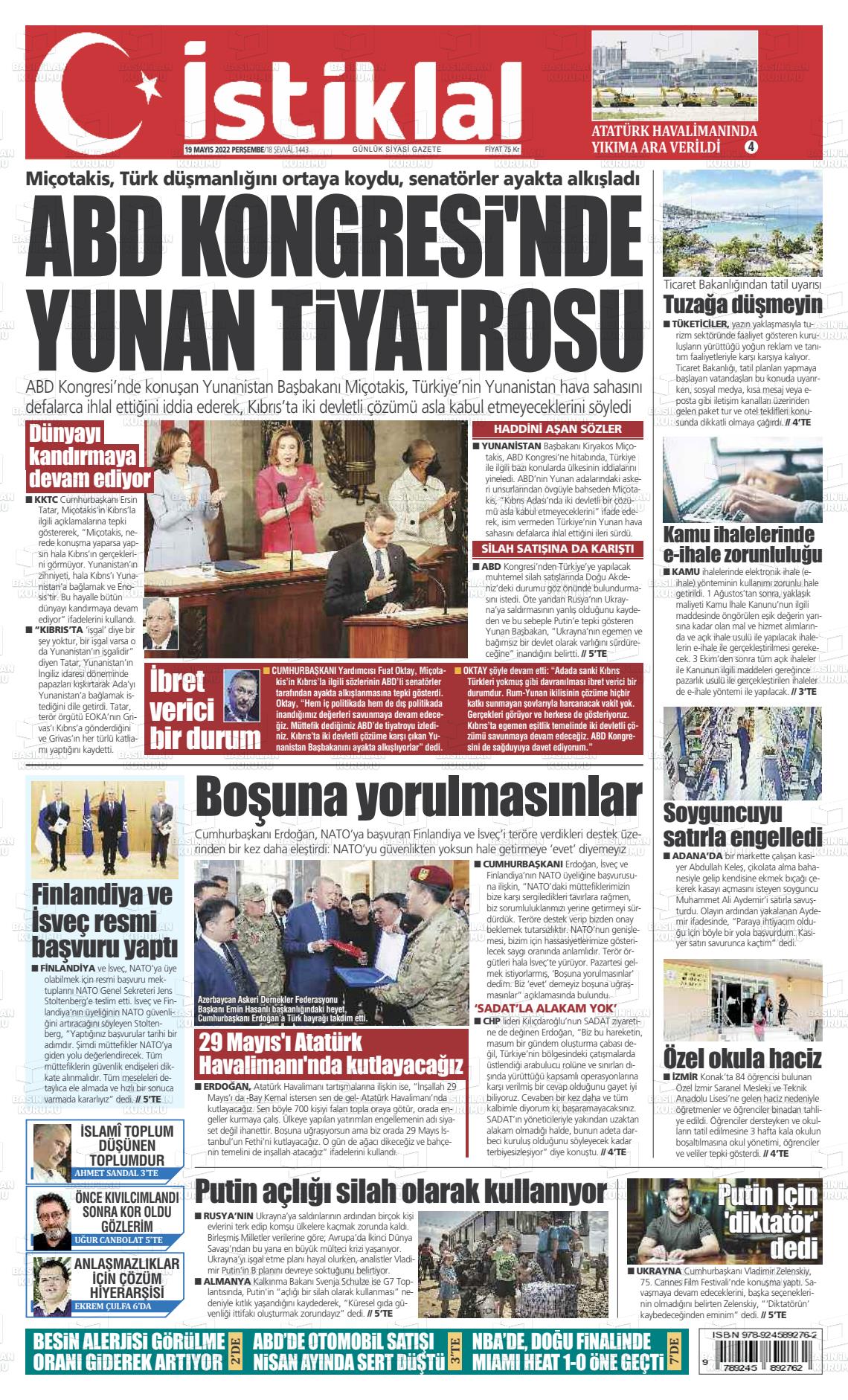 19 Mayıs 2022 İstiklal  Fatih Gazete Manşeti