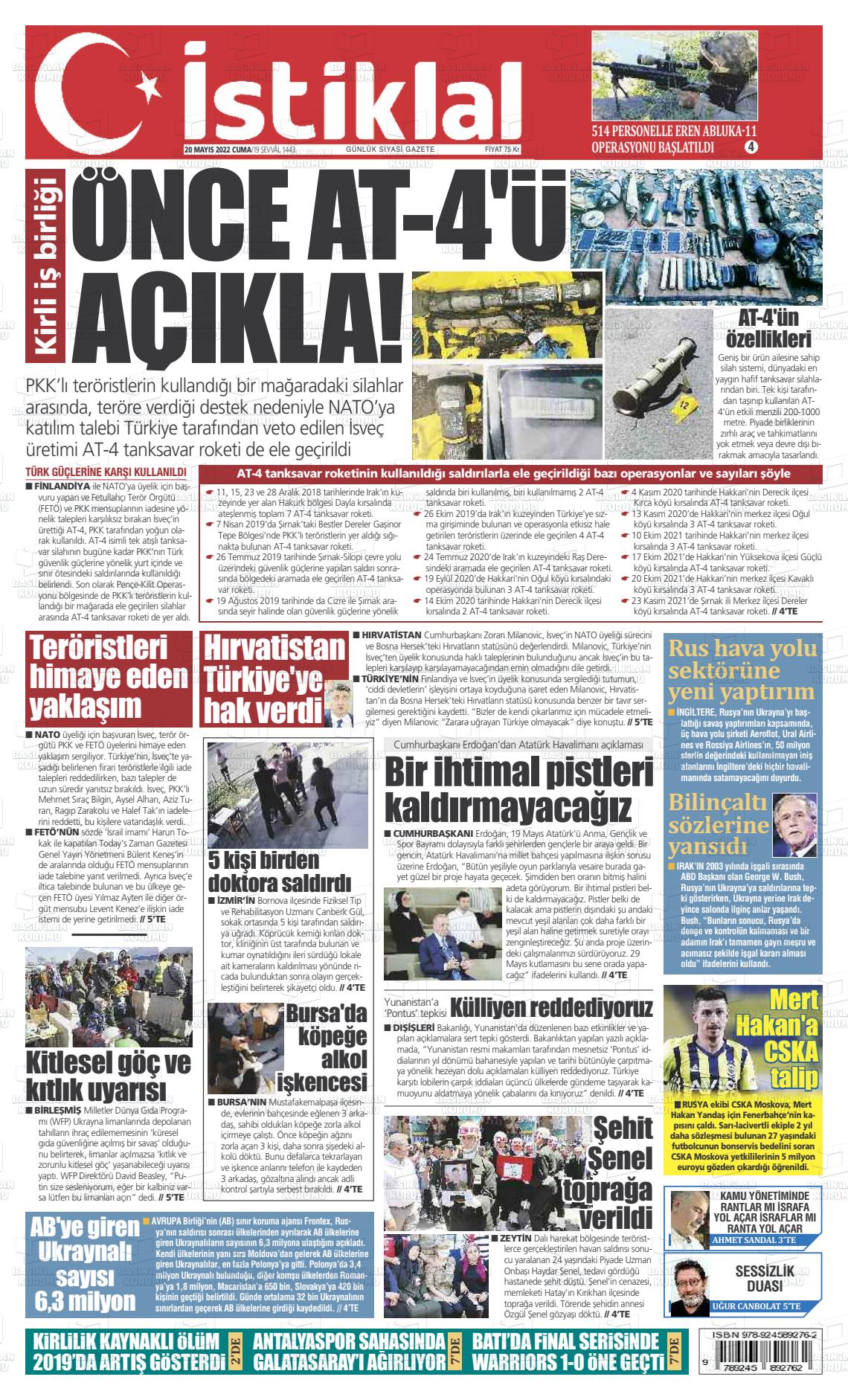 20 Mayıs 2022 İstiklal  Fatih Gazete Manşeti