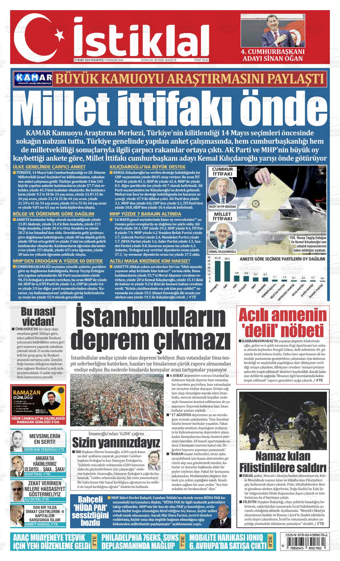 27 Mart 2023 İstiklal  Fatih Gazete Manşeti