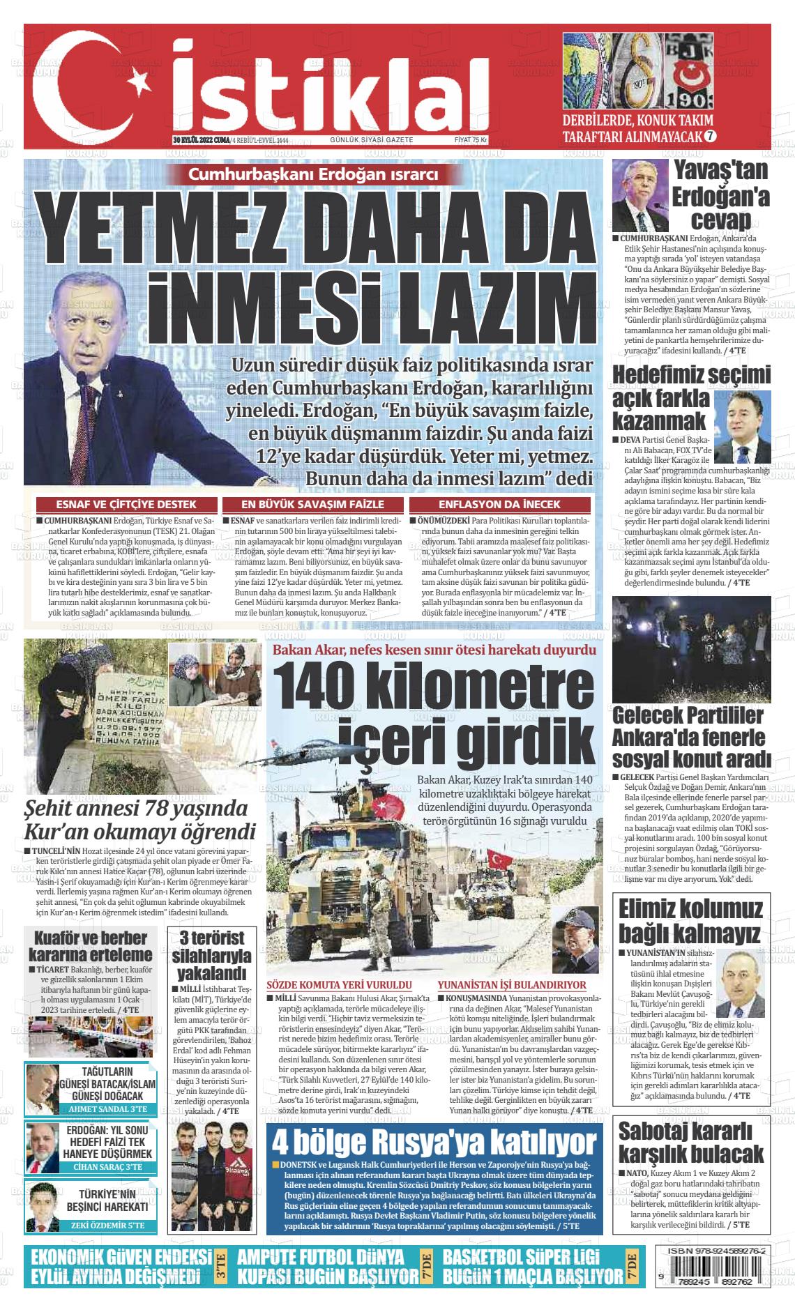 30 Eylül 2022 İstiklal  Fatih Gazete Manşeti