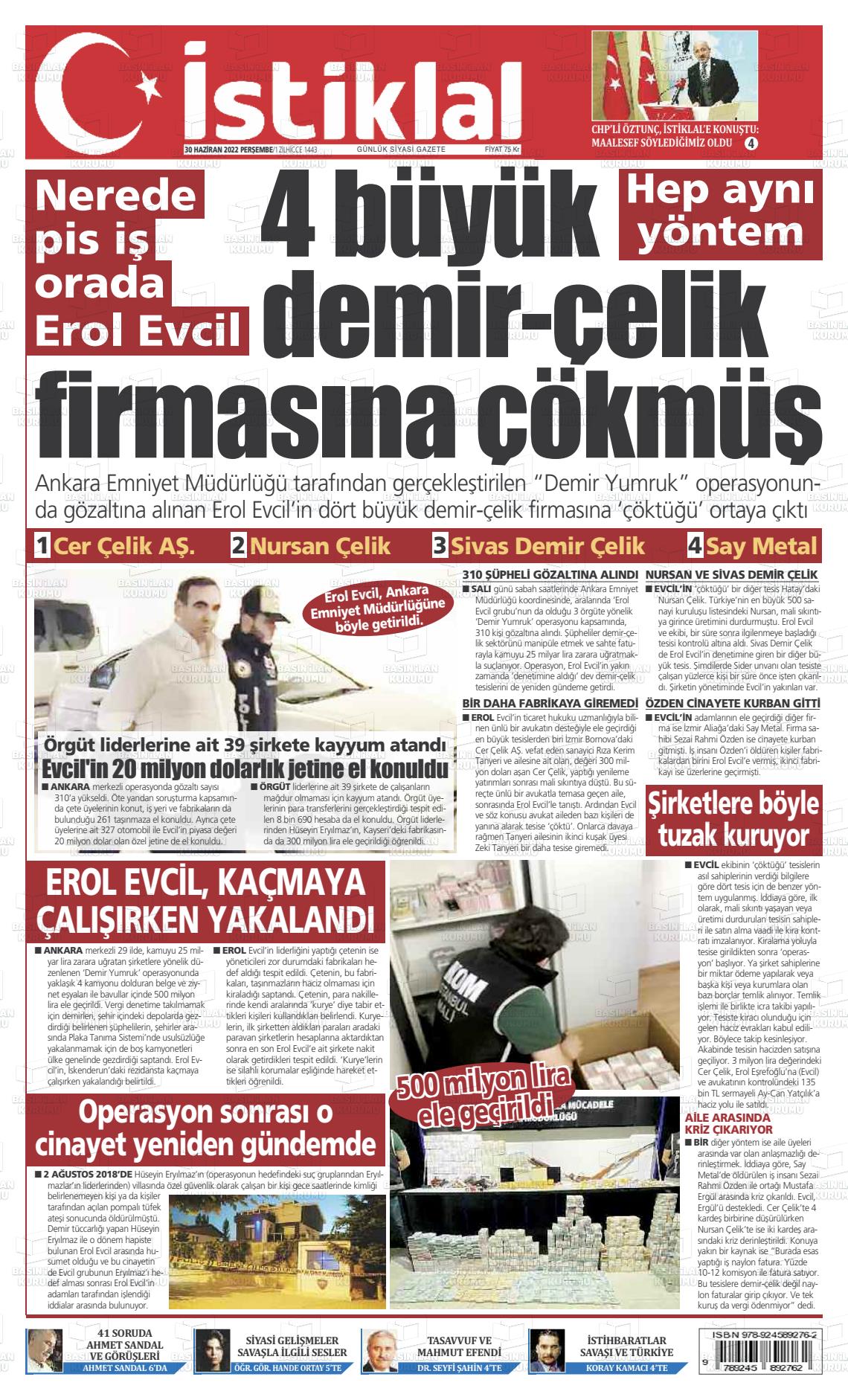 01 Temmuz 2022 İstiklal  Fatih Gazete Manşeti