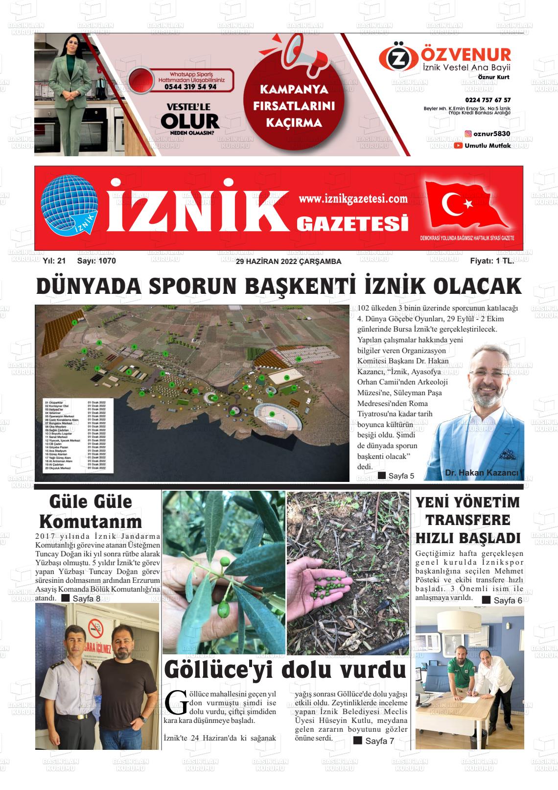 29 Haziran 2022 İznik Gazete Manşeti
