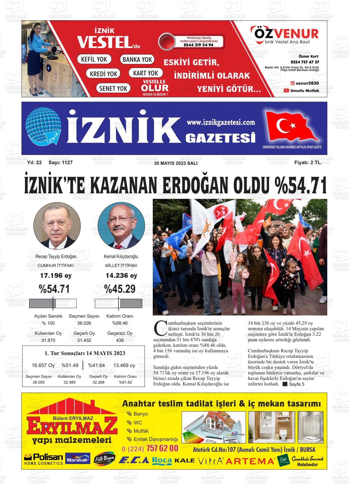 30 Mayıs 2023 İznik Gazete Manşeti