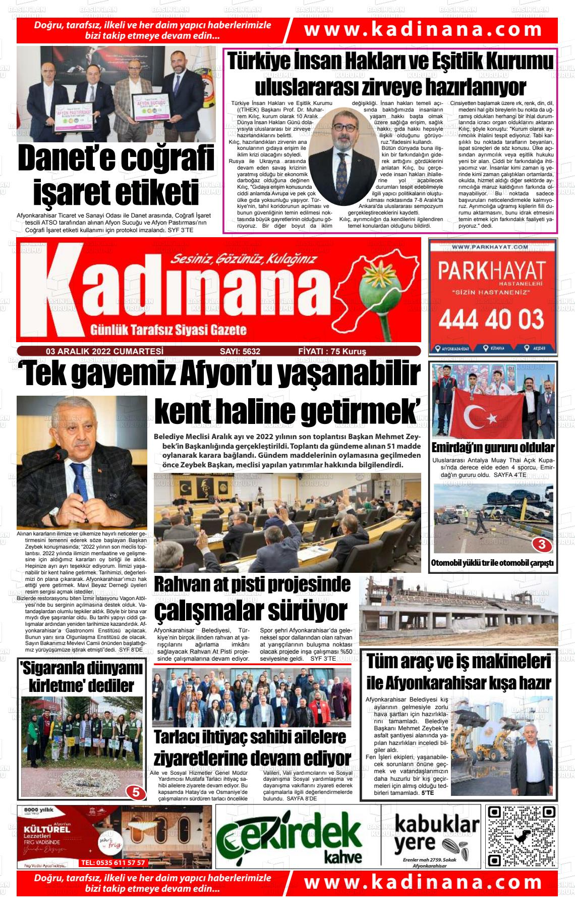 03 Aralık 2022 Kadınana Gazete Manşeti
