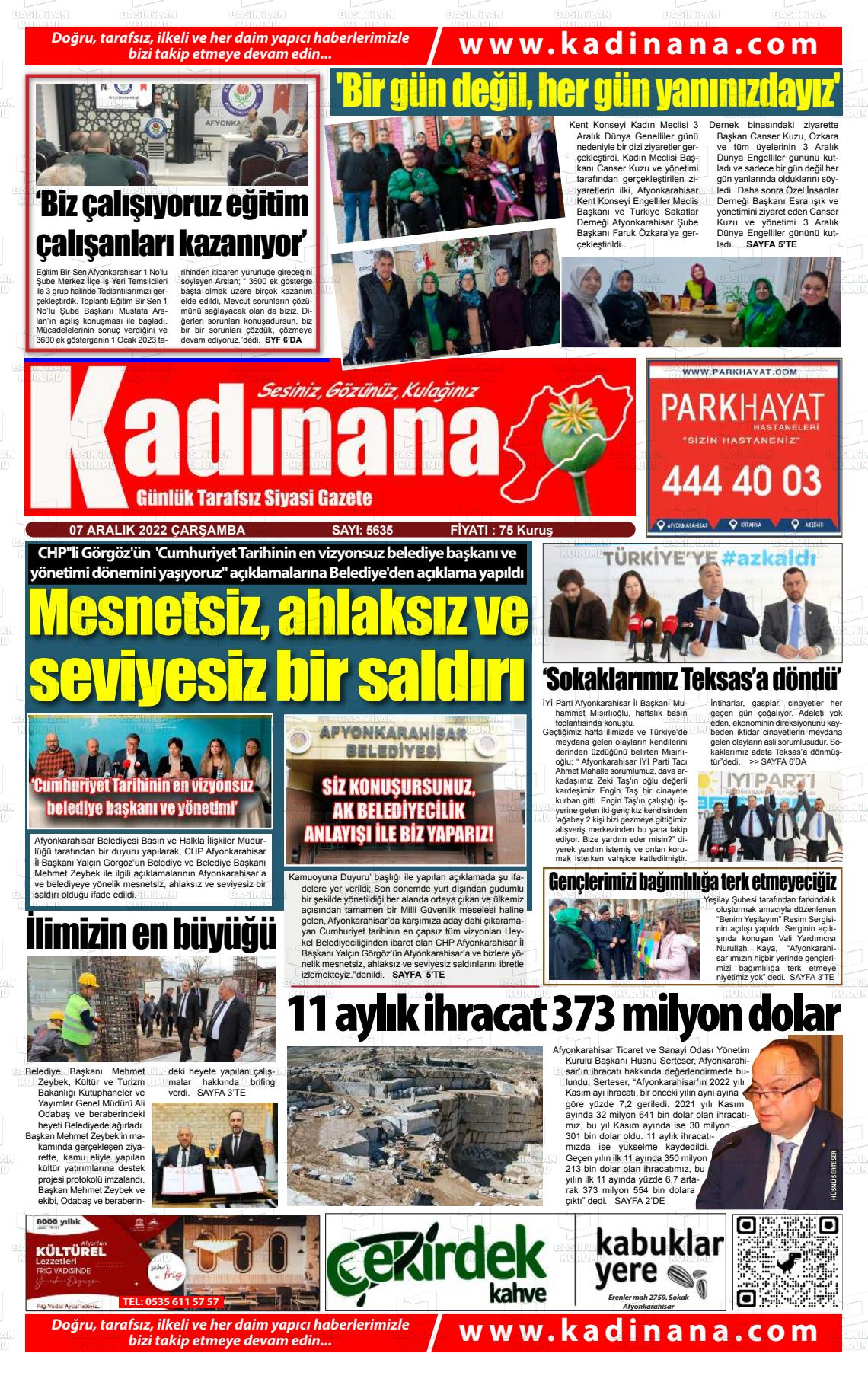 07 Aralık 2022 Kadınana Gazete Manşeti