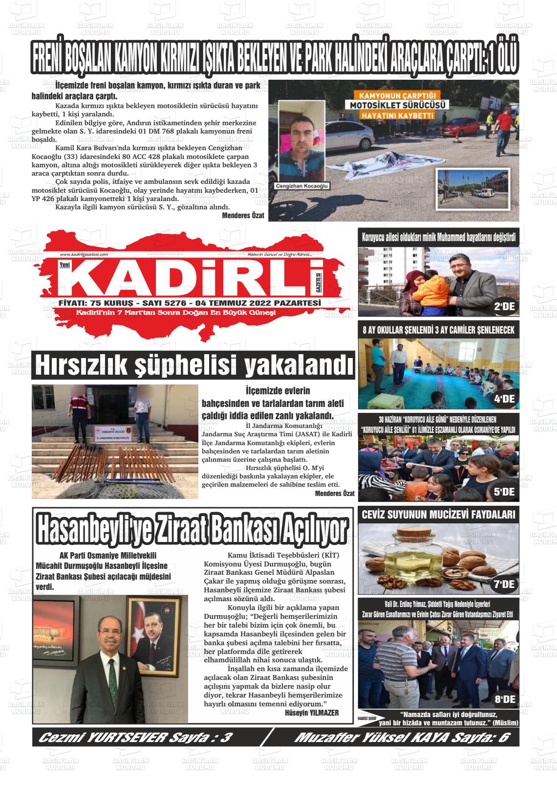 04 Temmuz 2022 Yeni Kadirli Gazete Manşeti