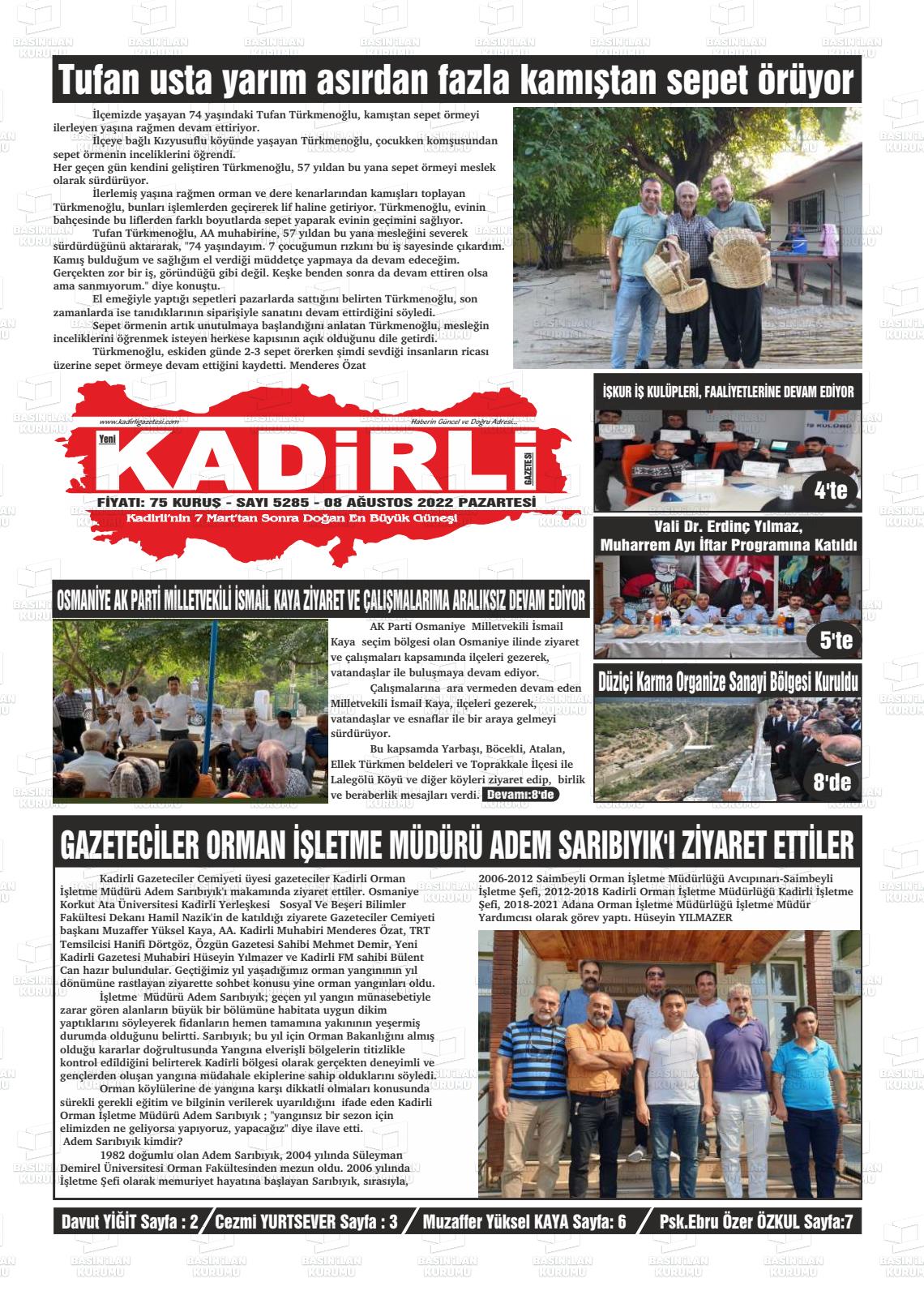 08 Ağustos 2022 Yeni Kadirli Gazete Manşeti