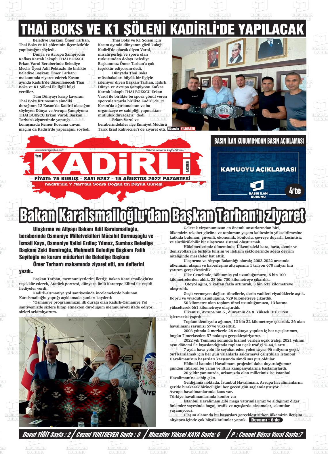 15 Ağustos 2022 Yeni Kadirli Gazete Manşeti