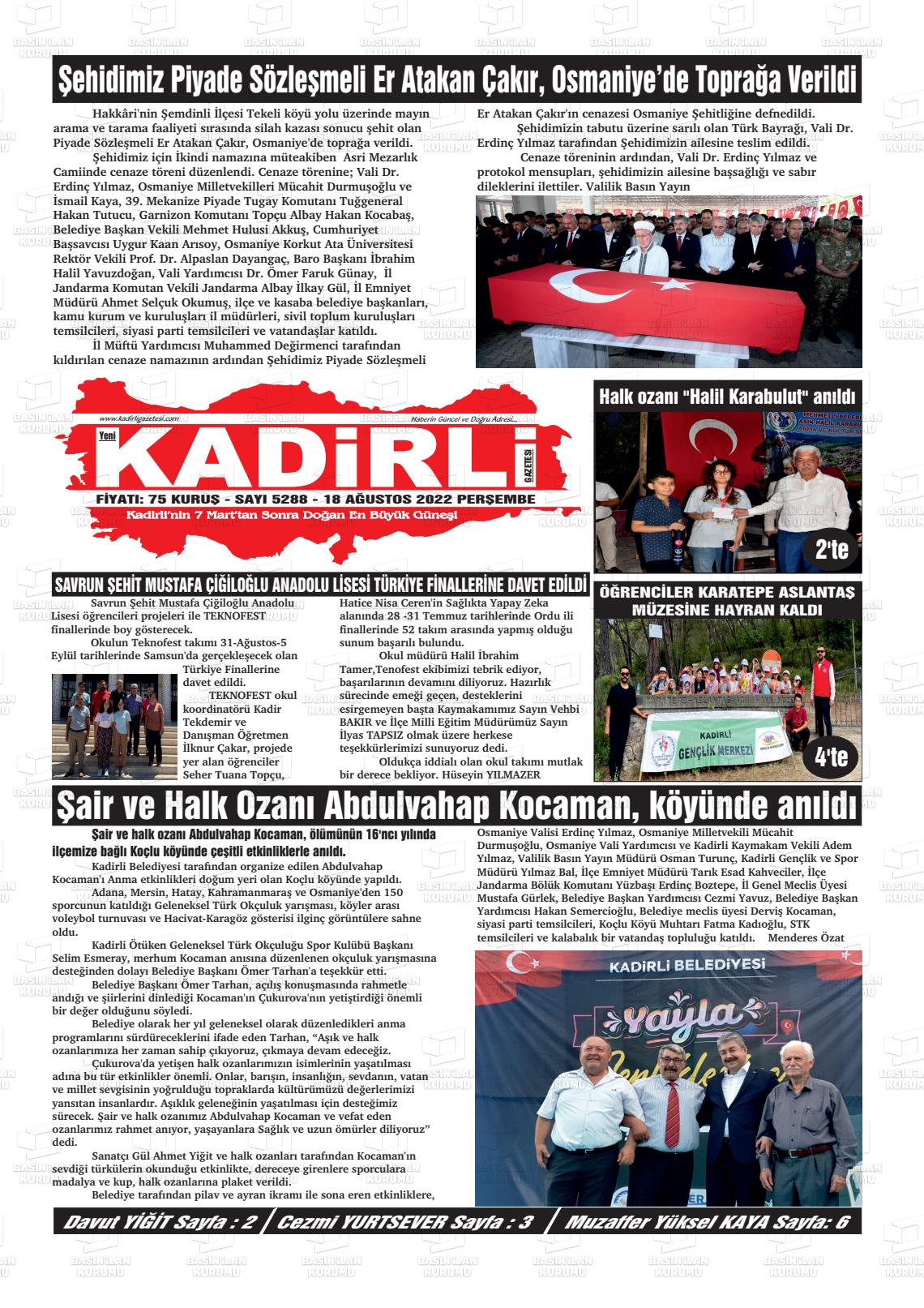 18 Ağustos 2022 Yeni Kadirli Gazete Manşeti