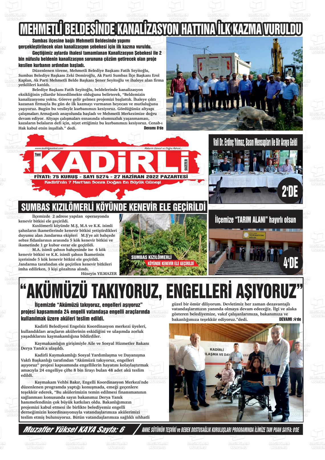 27 Haziran 2022 Yeni Kadirli Gazete Manşeti