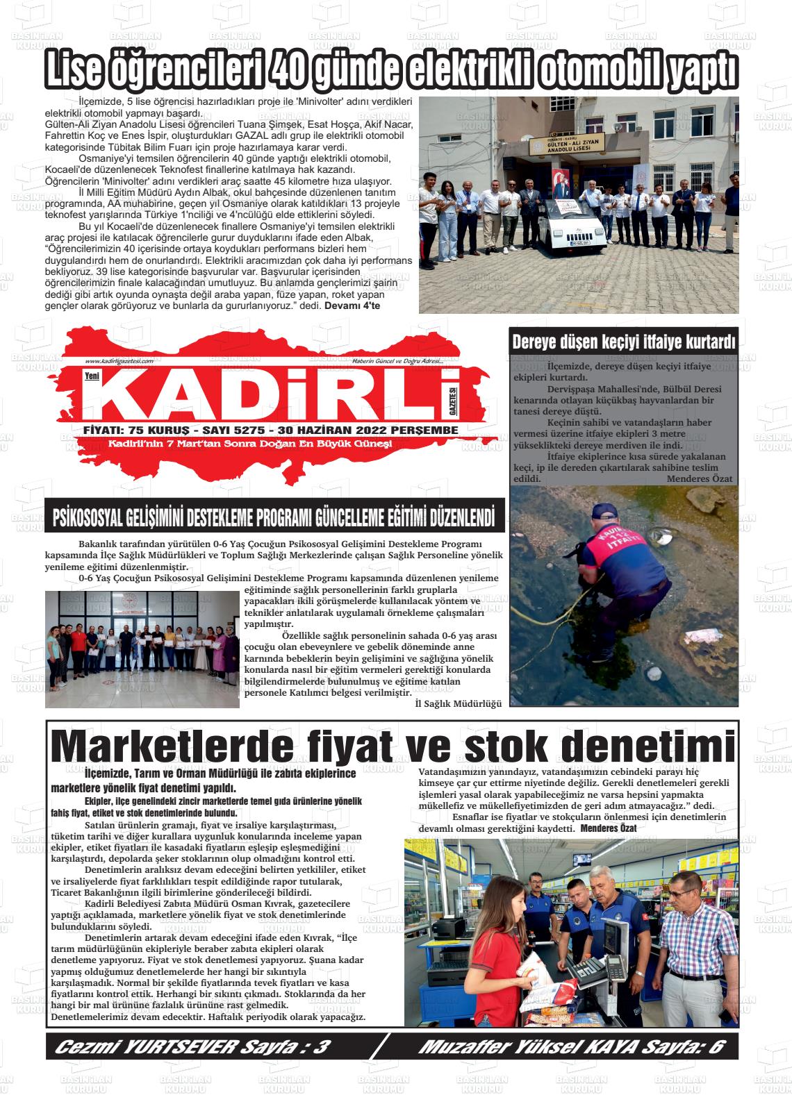 30 Haziran 2022 Yeni Kadirli Gazete Manşeti