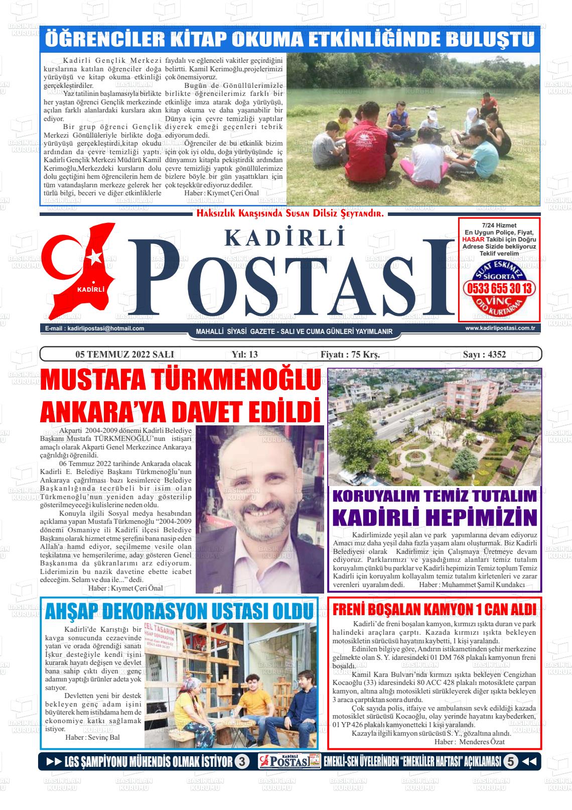 05 Temmuz 2022 Kadirli Postası Gazete Manşeti